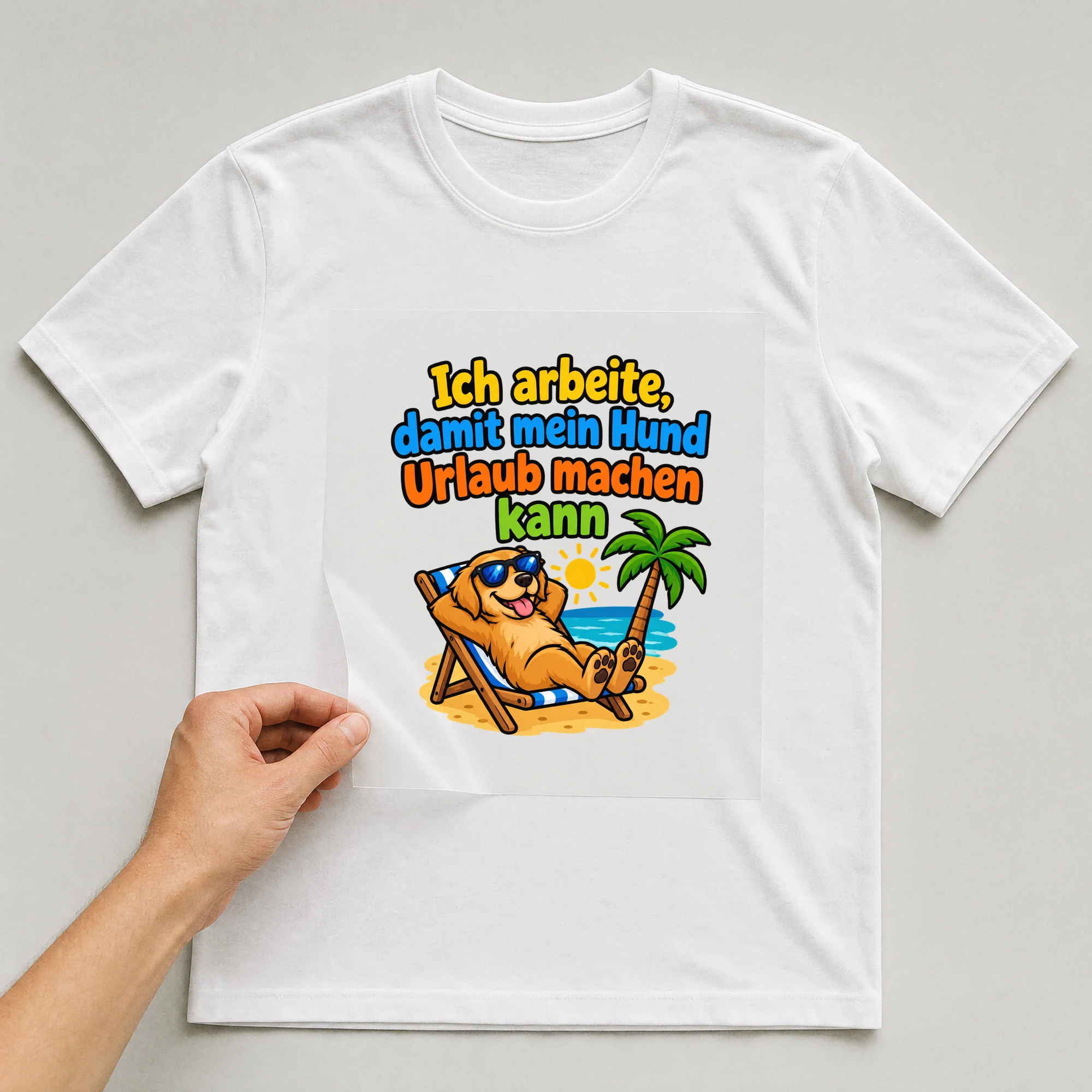 Bügelbild „Ich arbeite, damit mein Hund Urlaub machen kann“ auf weißem T-Shirt, Folie wird aufgelegt