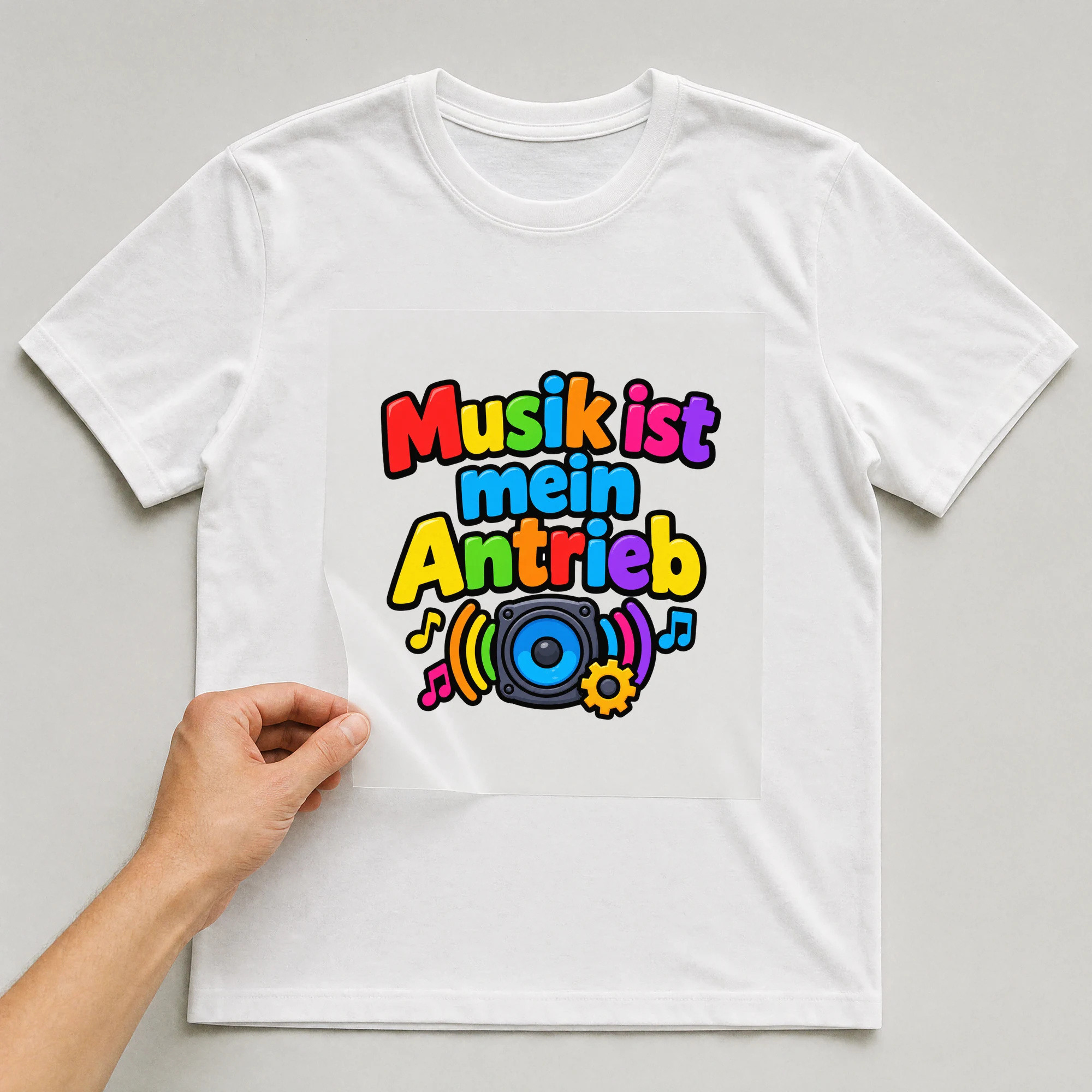 Bügelbild „Musik ist mein Antrieb“ auf weißem T-Shirt, Folie wird aufgelegt