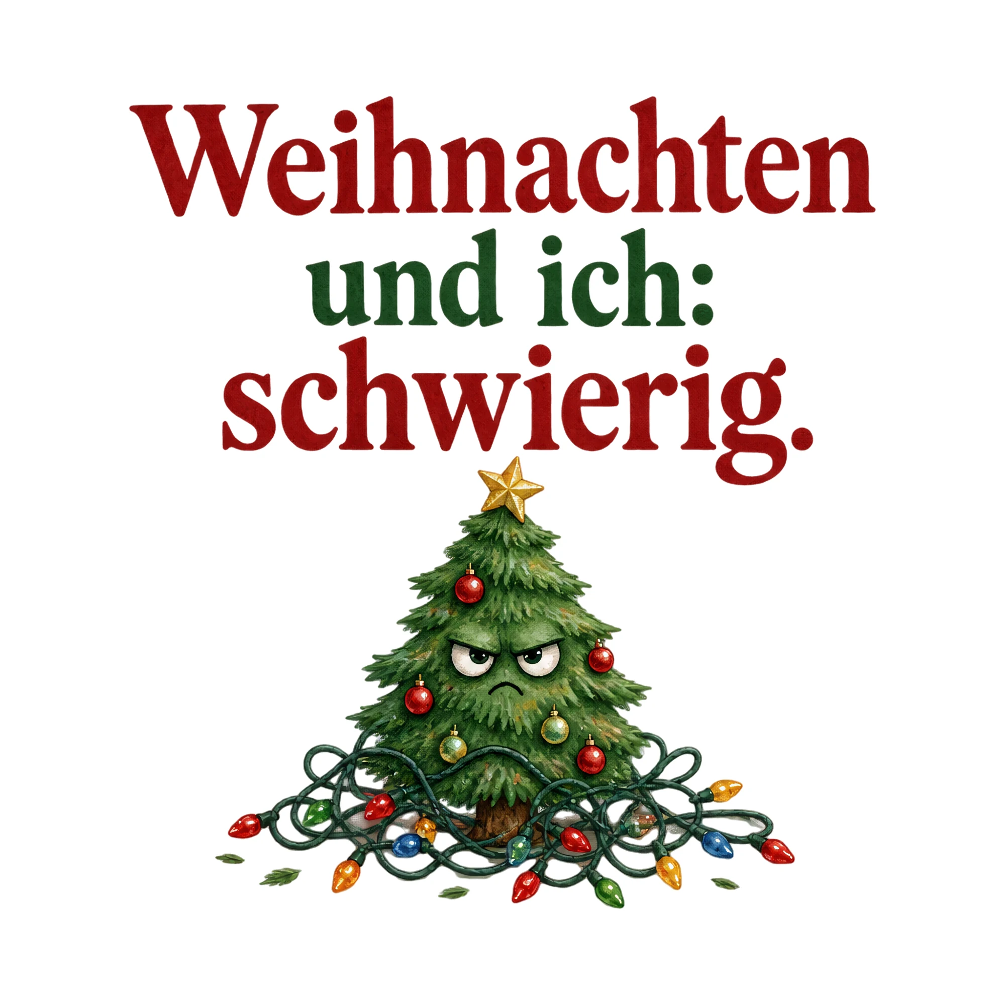 Bügelbild Weihnachten und ich: schwierig., Weihnachtspullover Spruch als Grafik auf weißem Hintergrund (BB014785)