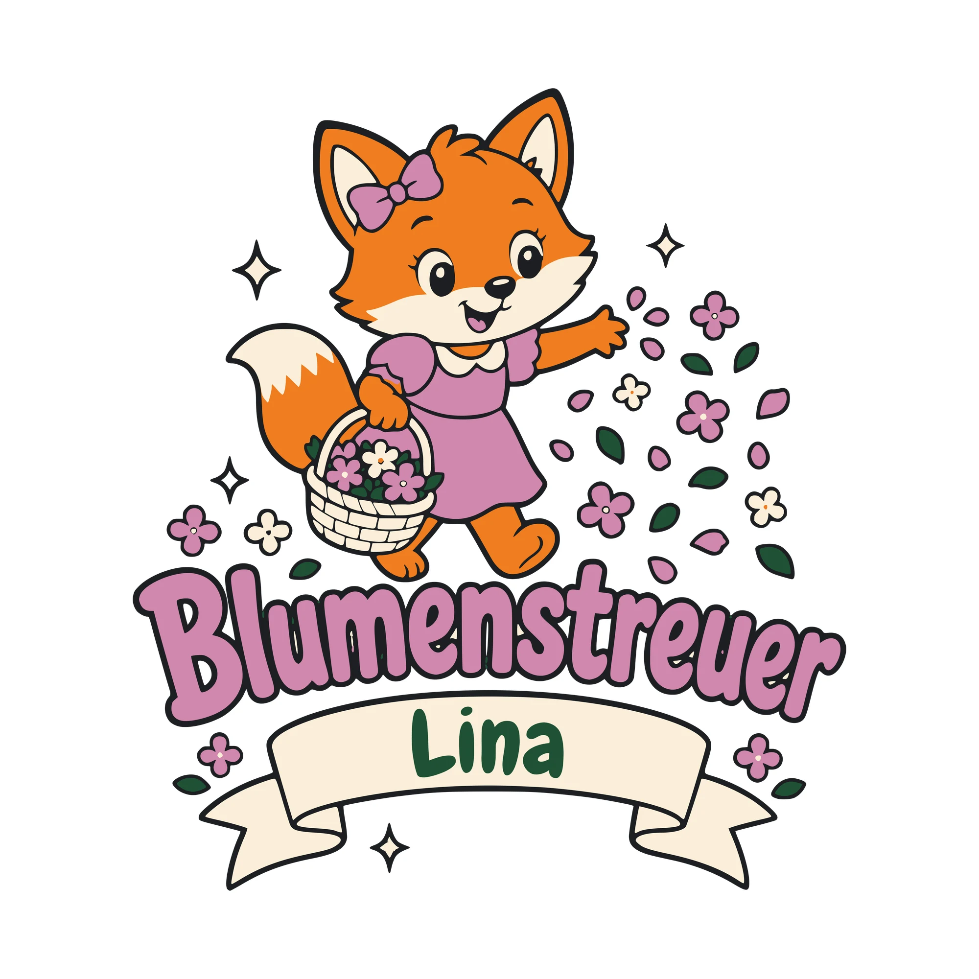 Bügelbild Blumenstreuer mit Name als Grafik auf weißem Hintergrund (BB010556)