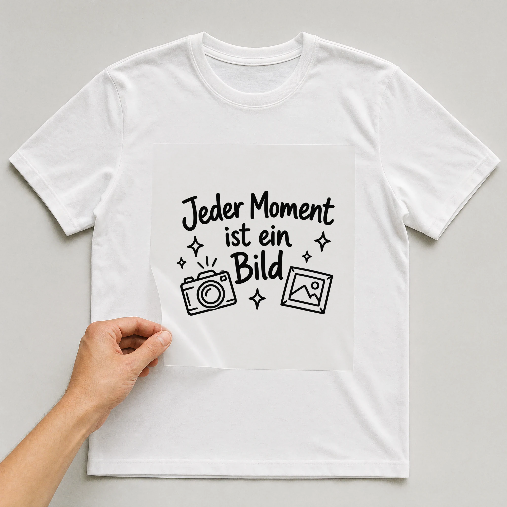 Bügelbild „Jeder Moment ist ein Bild“ auf weißem T-Shirt, Folie wird aufgelegt