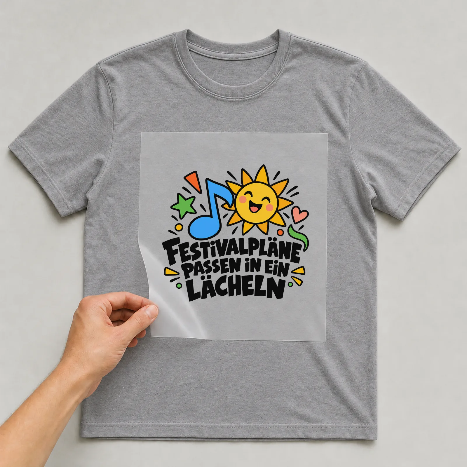 Bügelbild „Festivalpläne passen in ein Lächeln“ auf grauem T-Shirt, Folie wird aufgelegt