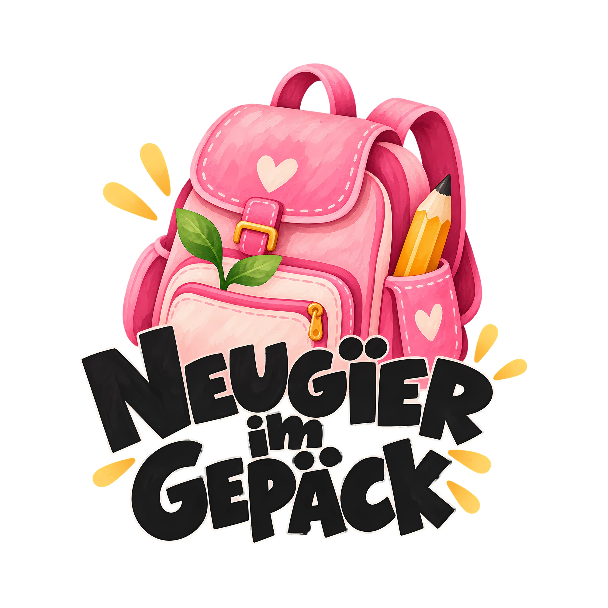 Bügelbild NEUGIER IM GEPÄCK als Grafik auf weißem Hintergrund (BB011447)