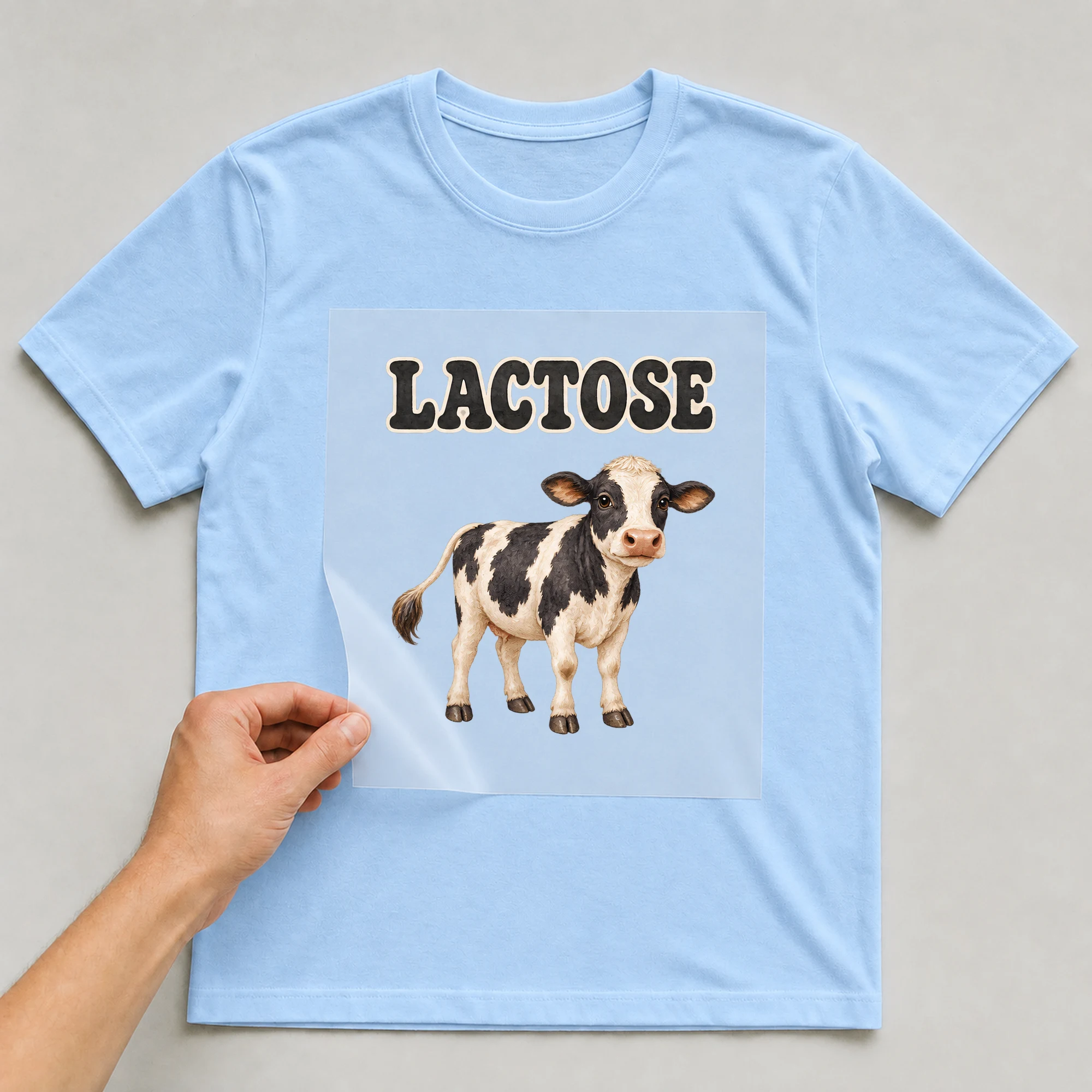 Bügelbild „LACTOSE“ auf babyblauem T-Shirt, Folie wird aufgelegt