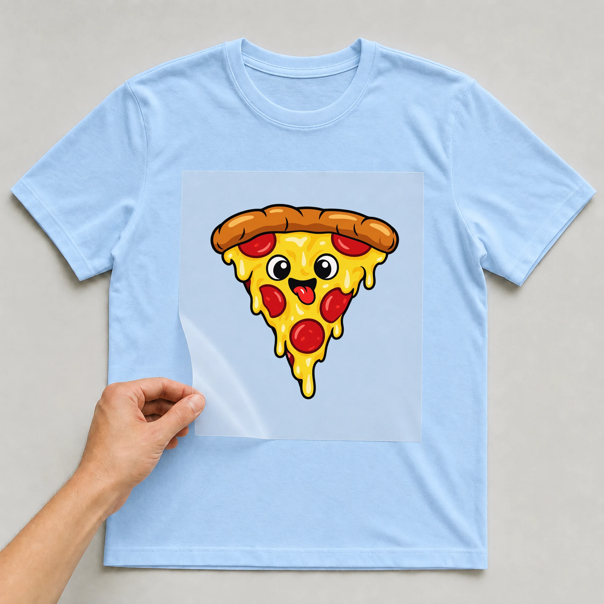 Bügelbild „Pizza Monster“ auf babyblauem T-Shirt, Folie wird aufgelegt