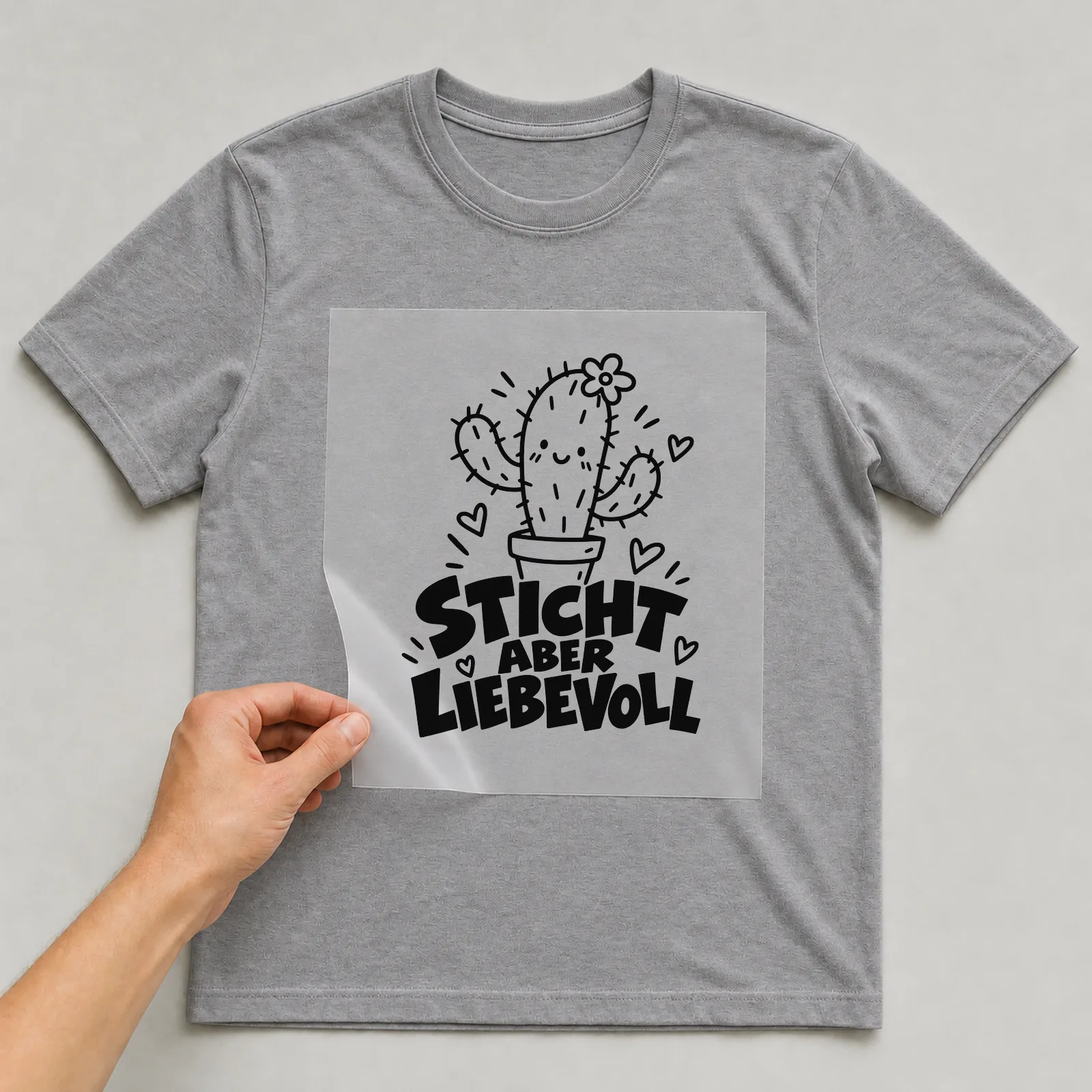 Bügelbild „Sticht aber liebevoll“ auf grauem T-Shirt, Folie wird aufgelegt
