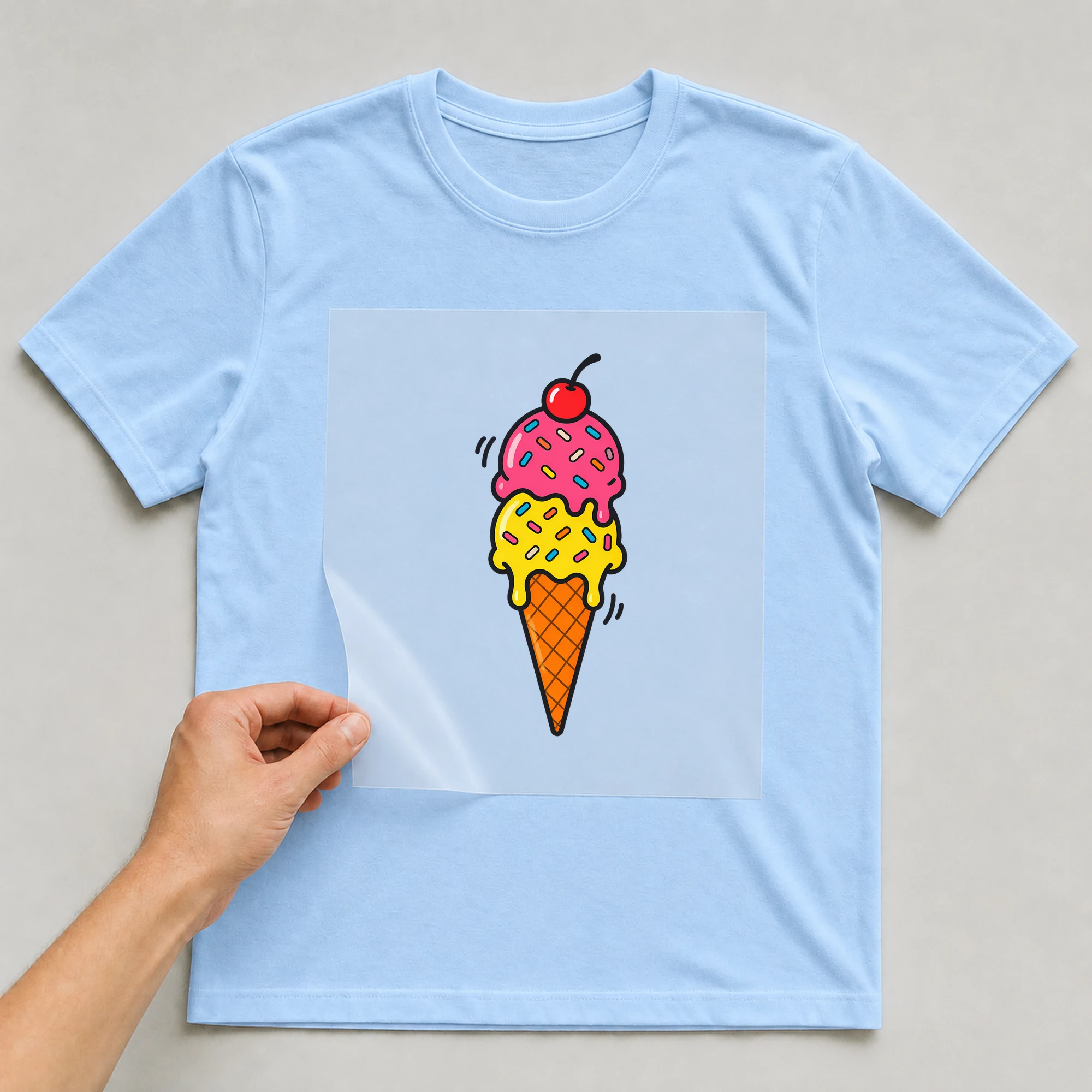 Bügelbild „Eiswaffel im Comic-Stil“ auf babyblauem T-Shirt, Folie wird aufgelegt