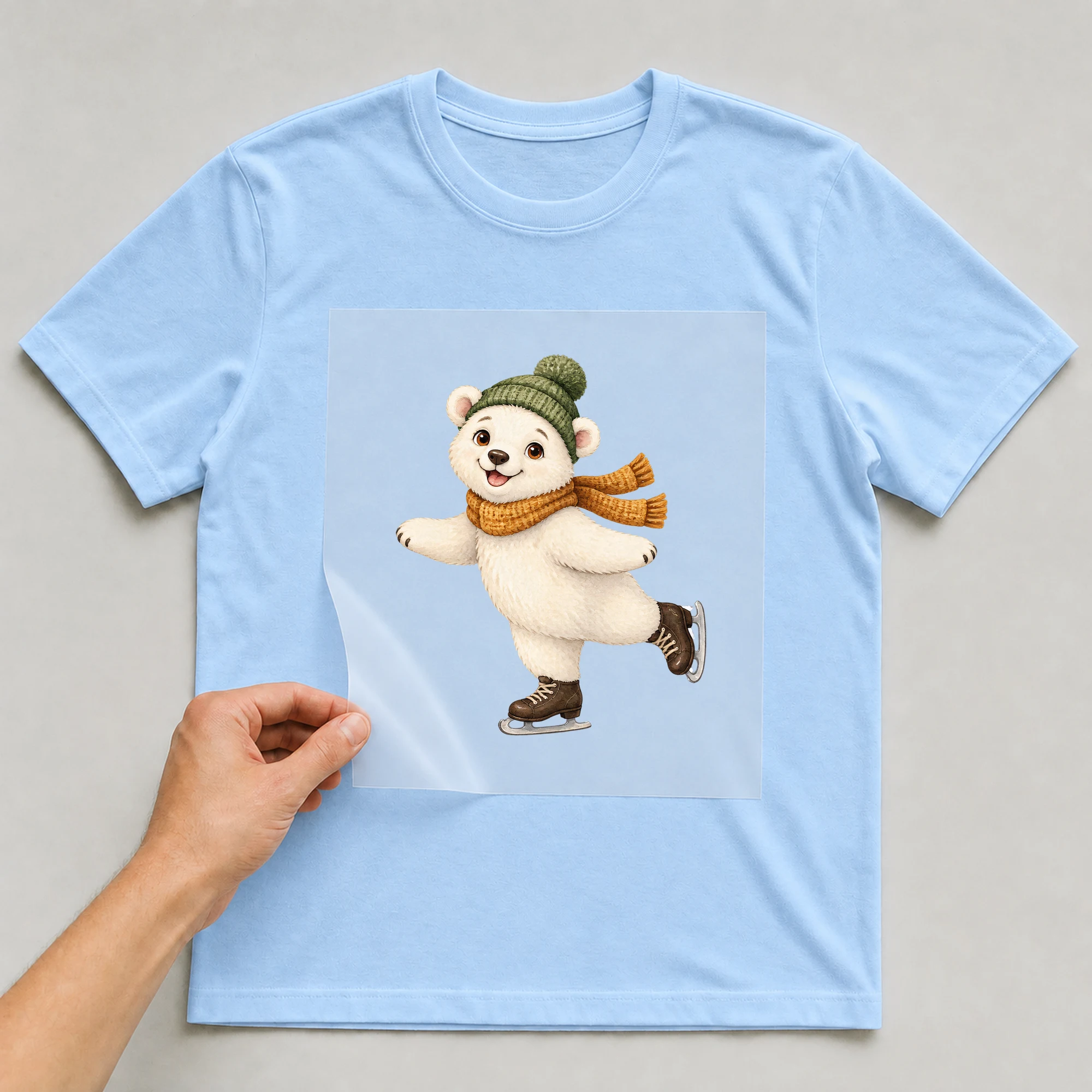 Bügelbild „Eisbär beim Schlittschuhlaufen“ auf babyblauem T-Shirt, Folie wird aufgelegt