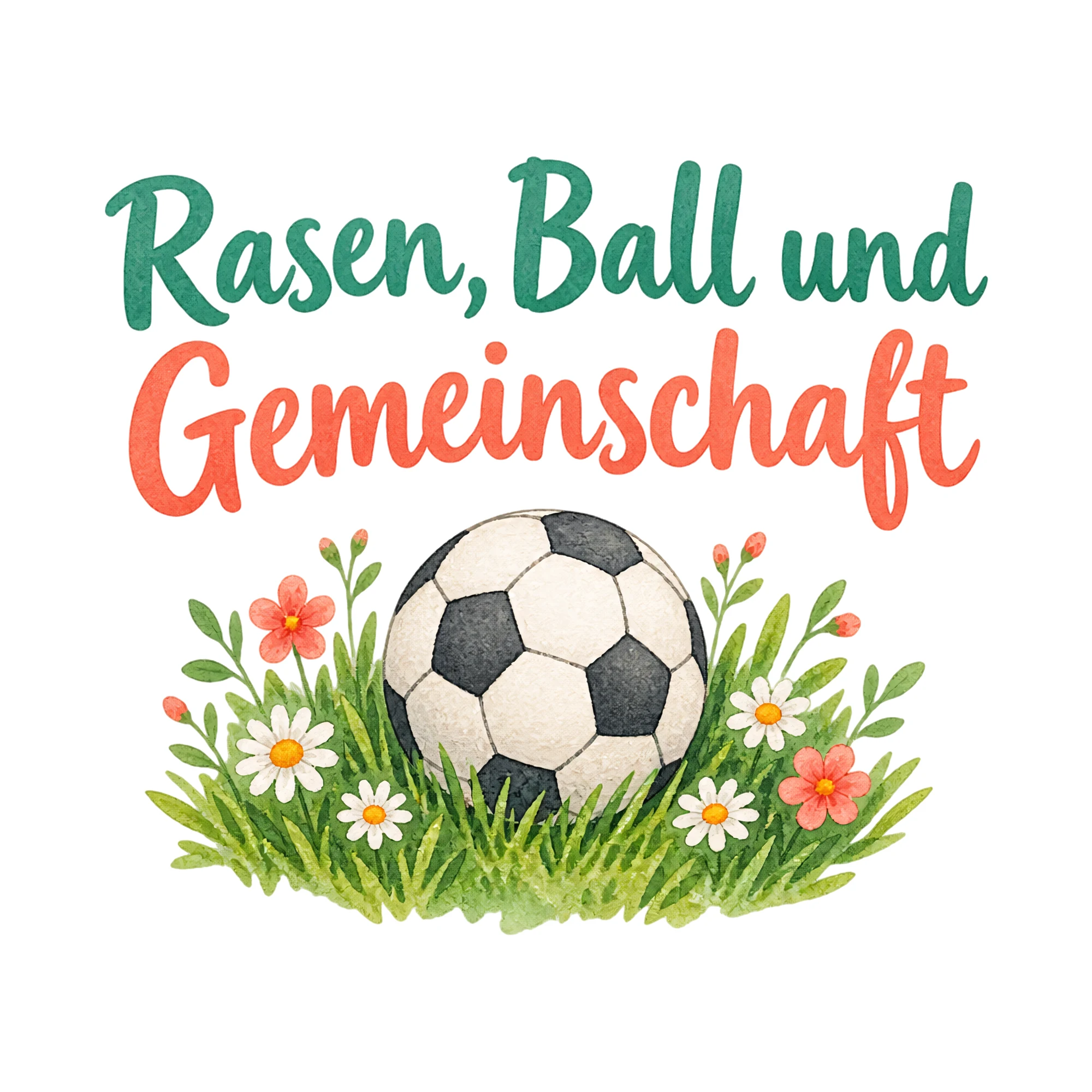 Bügelbild Rasen, Ball und Gemeinschaft als Grafik auf weißem Hintergrund (BB020384)