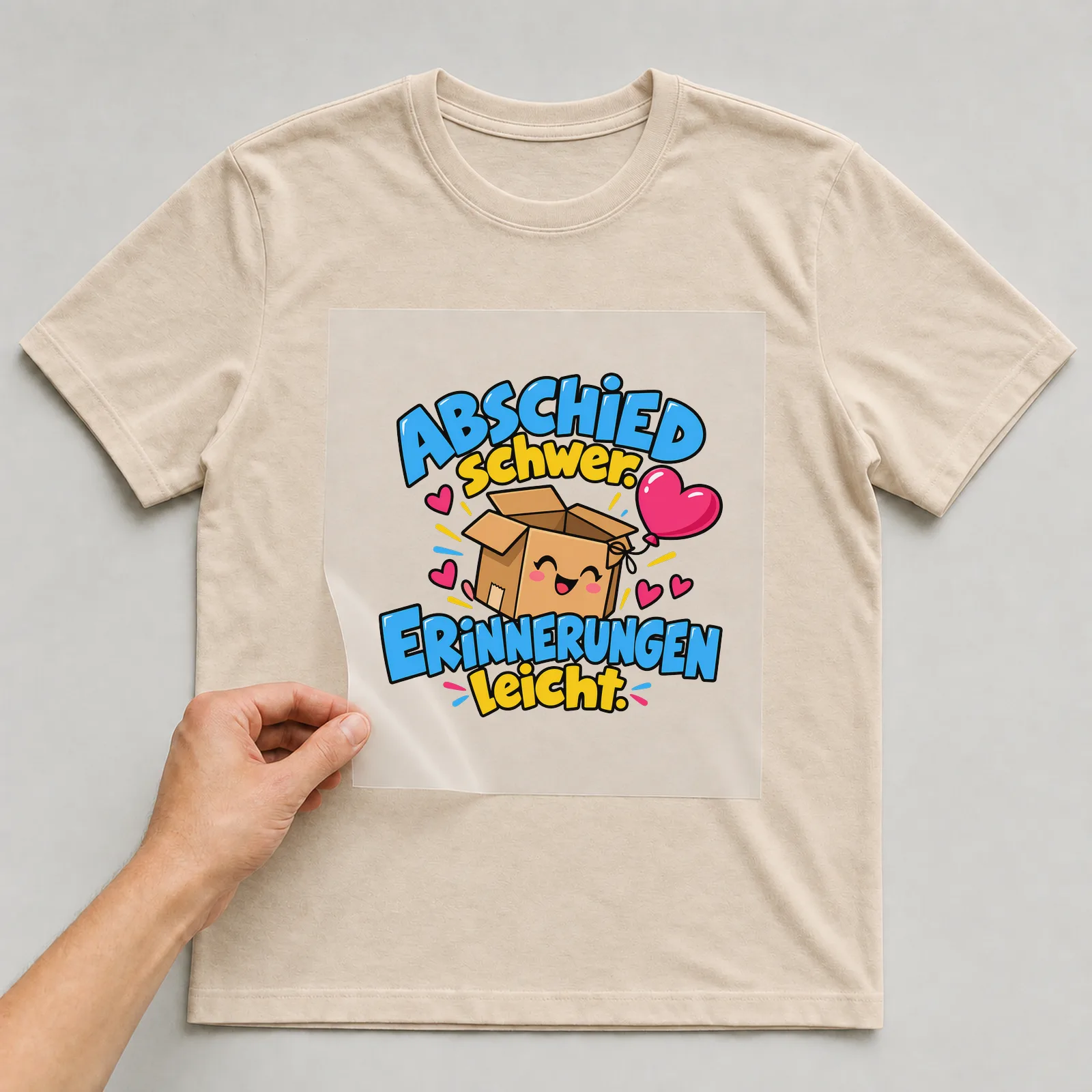 Bügelbild „Abschied schwer. Erinnerungen leicht.“ auf beigem T-Shirt, Folie wird aufgelegt