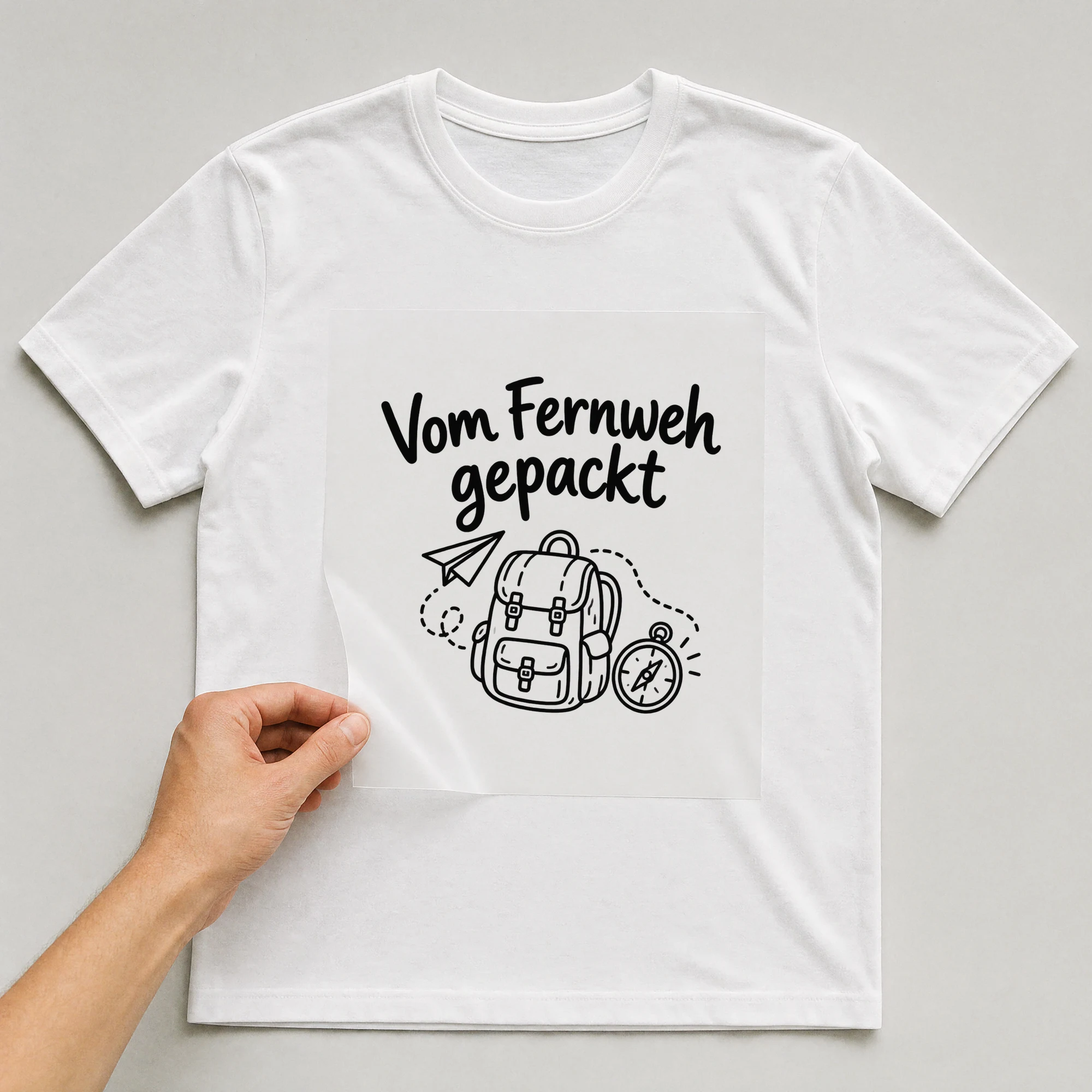 Bügelbild „Vom Fernweh gepackt“ auf weißem T-Shirt, Folie wird aufgelegt