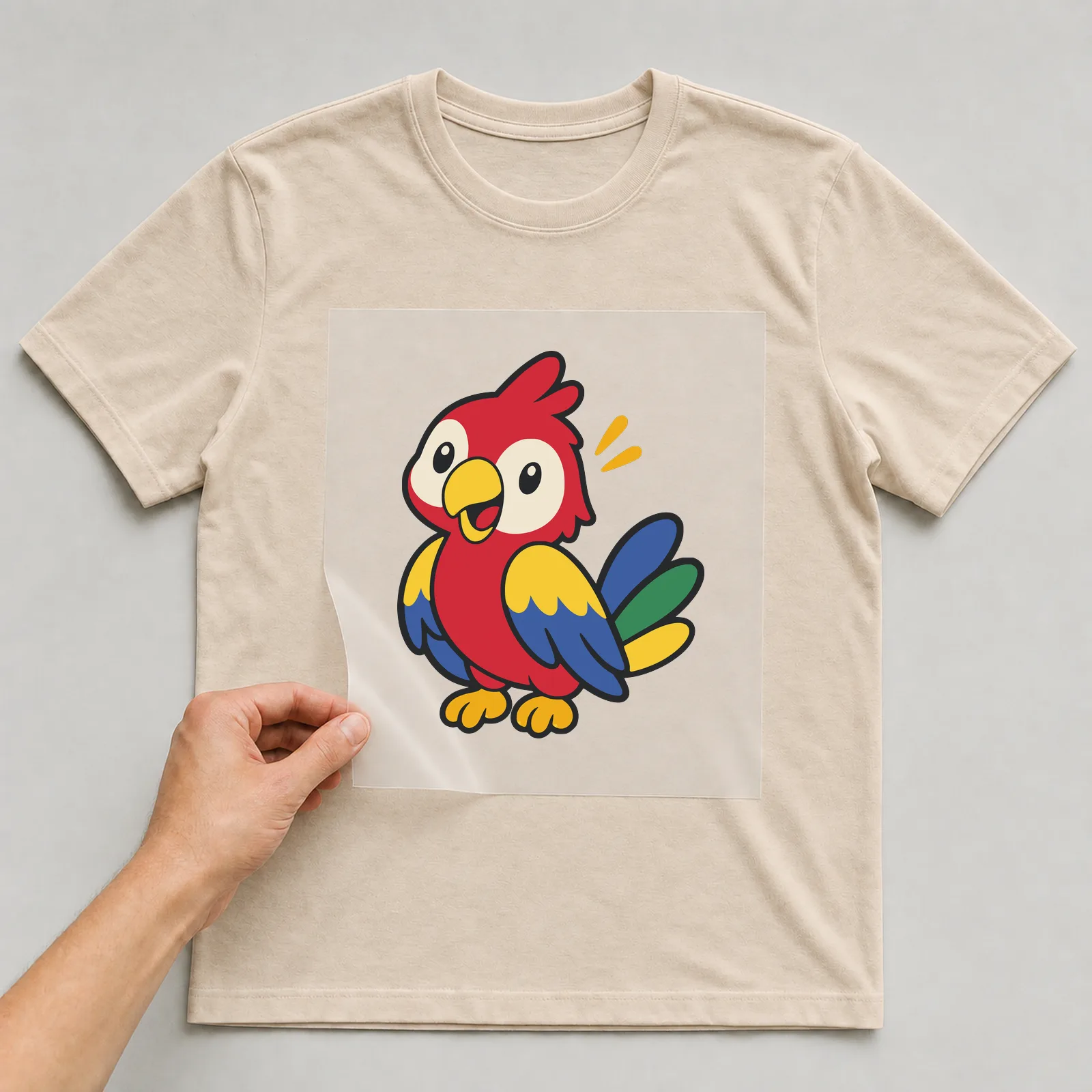 Bügelbild Papagei im Comic-Stil auf beigem T-Shirt, Folie wird aufgelegt