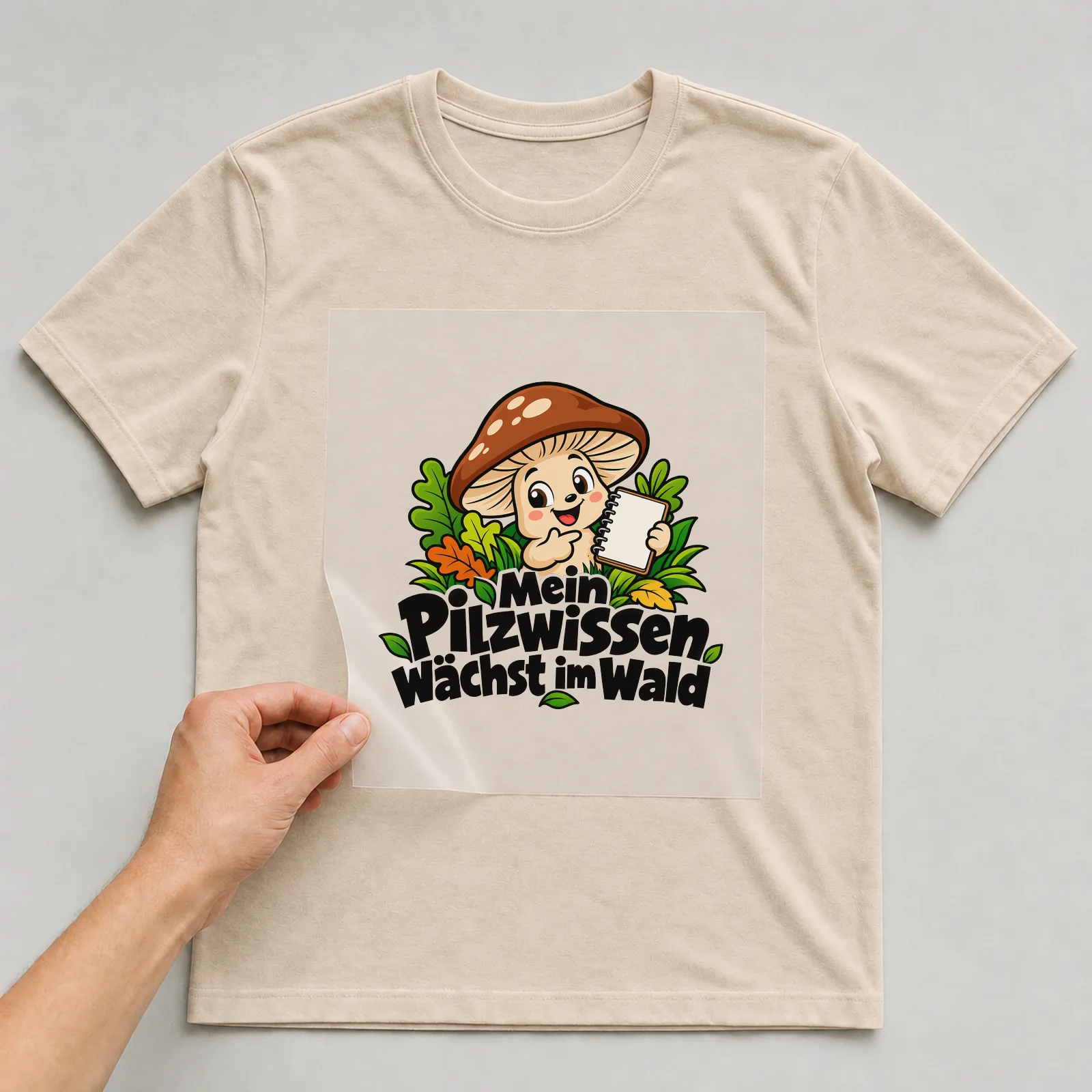 Bügelbild „Mein Pilzwissen wächst im Wald“ auf beigem T-Shirt, Folie wird aufgelegt