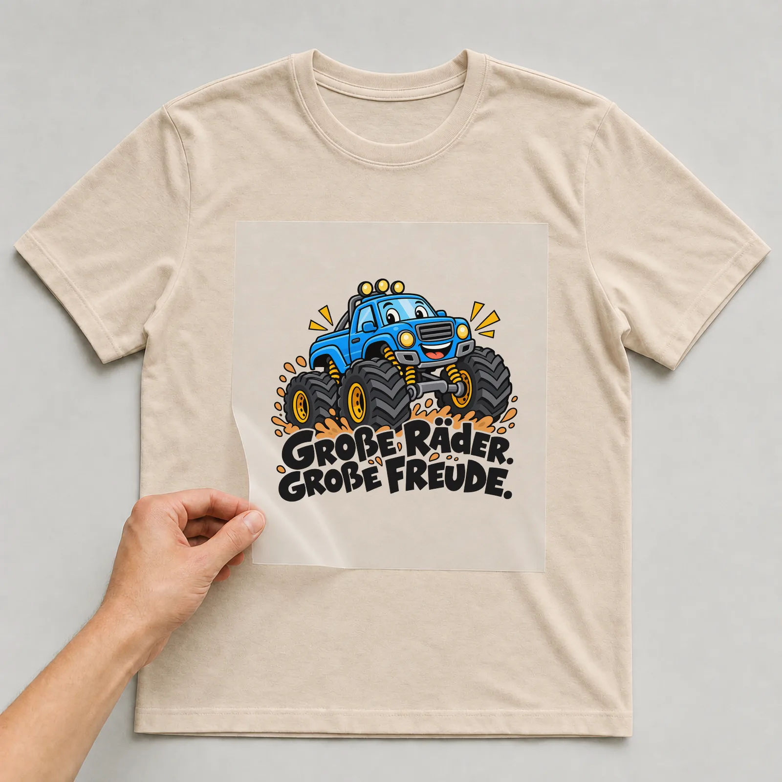 Bügelbild „Große Räder. Große Freude.“ auf beigem T-Shirt, Folie wird aufgelegt