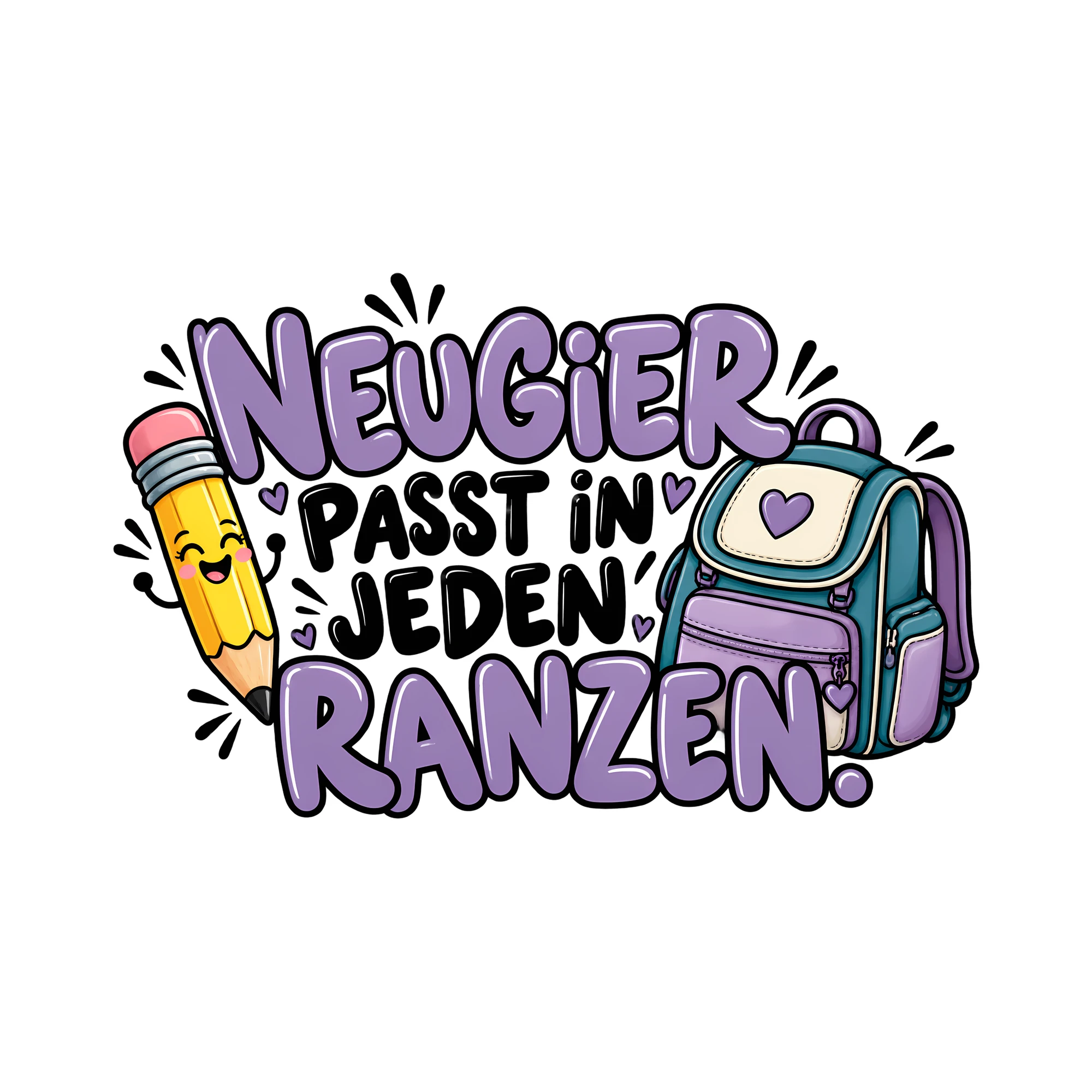 Bügelbild NEUGIER PASST IN JEDEN RANZEN. als Grafik auf weißem Hintergrund (BB012024)