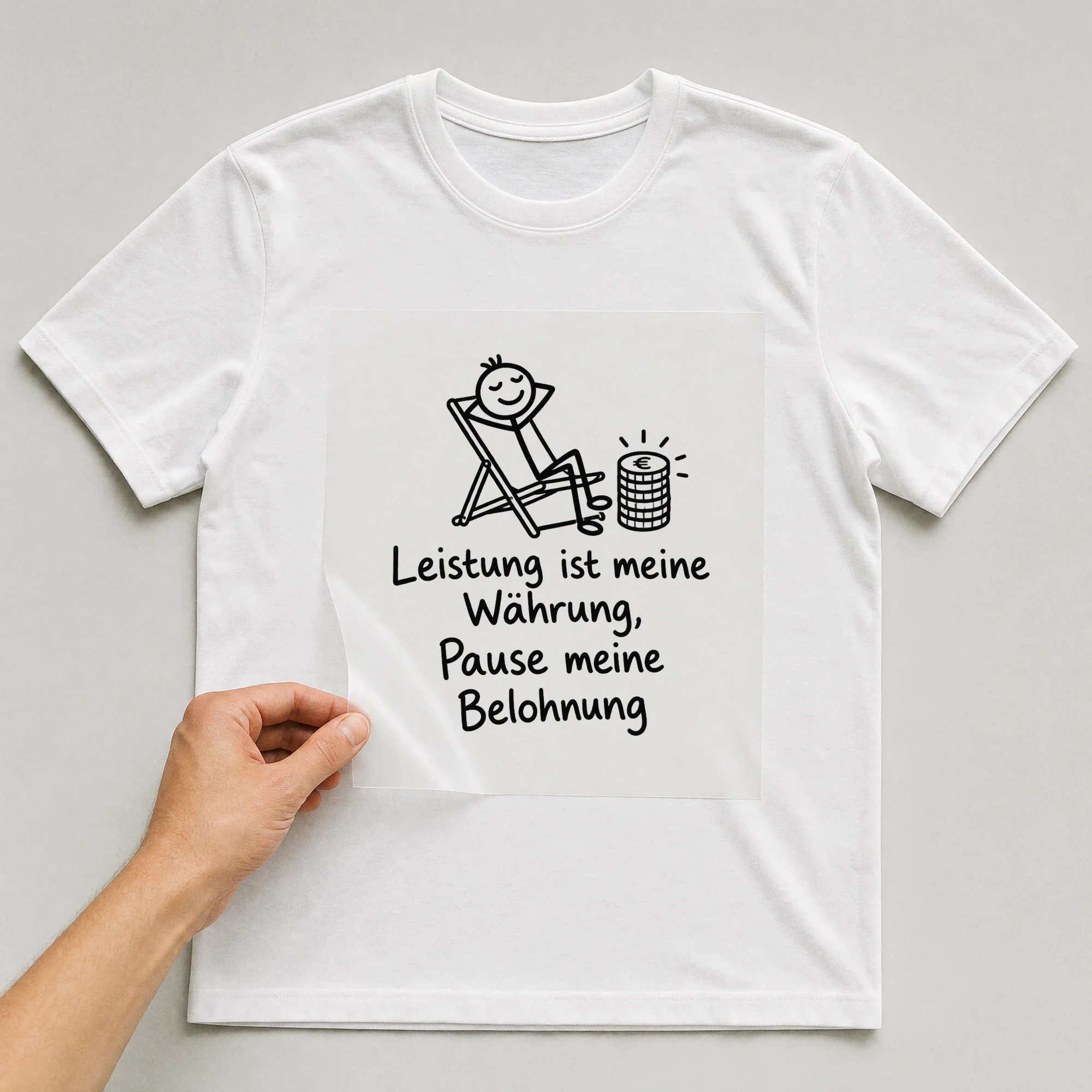 Bügelbild „Leistung ist meine Währung, Pause meine Belohnung“ auf weißem T-Shirt, Folie wird aufgelegt