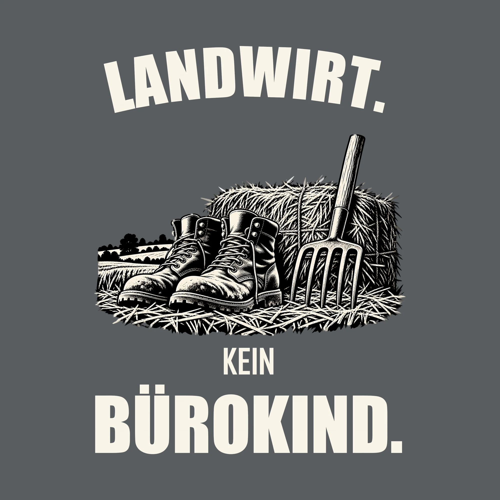 Bügelbild LANDWIRT. KEIN BÜROKIND. als Grafik auf dunklem Hintergrund (BB011493)