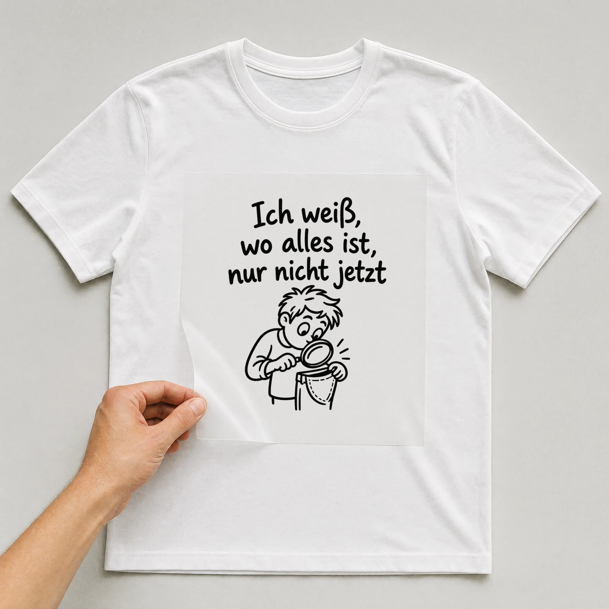 Bügelbild „Ich weiß, wo alles ist, nur nicht jetzt“ auf weißem T-Shirt, Folie wird aufgelegt