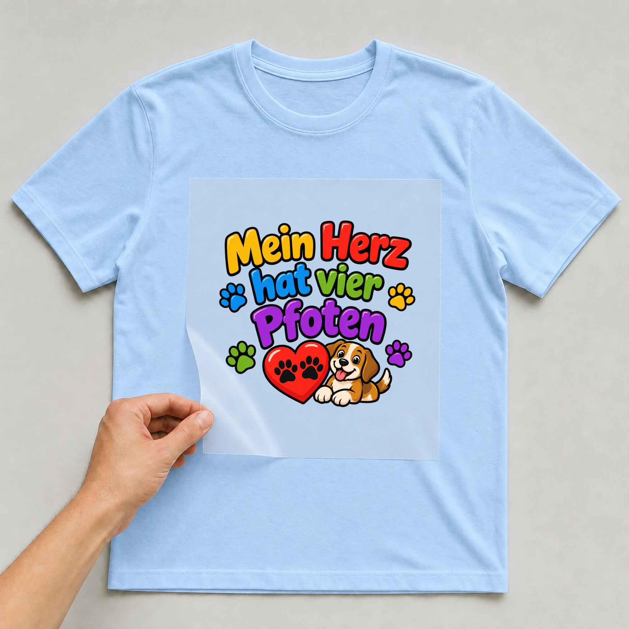 Bügelbild „Mein Herz hat vier Pfoten“ auf babyblauem T-Shirt, Folie wird aufgelegt