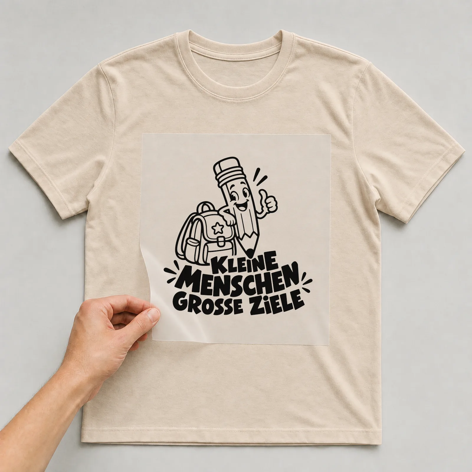 Bügelbild „Kleine Menschen große Ziele“ auf beigem T-Shirt, Folie wird aufgelegt