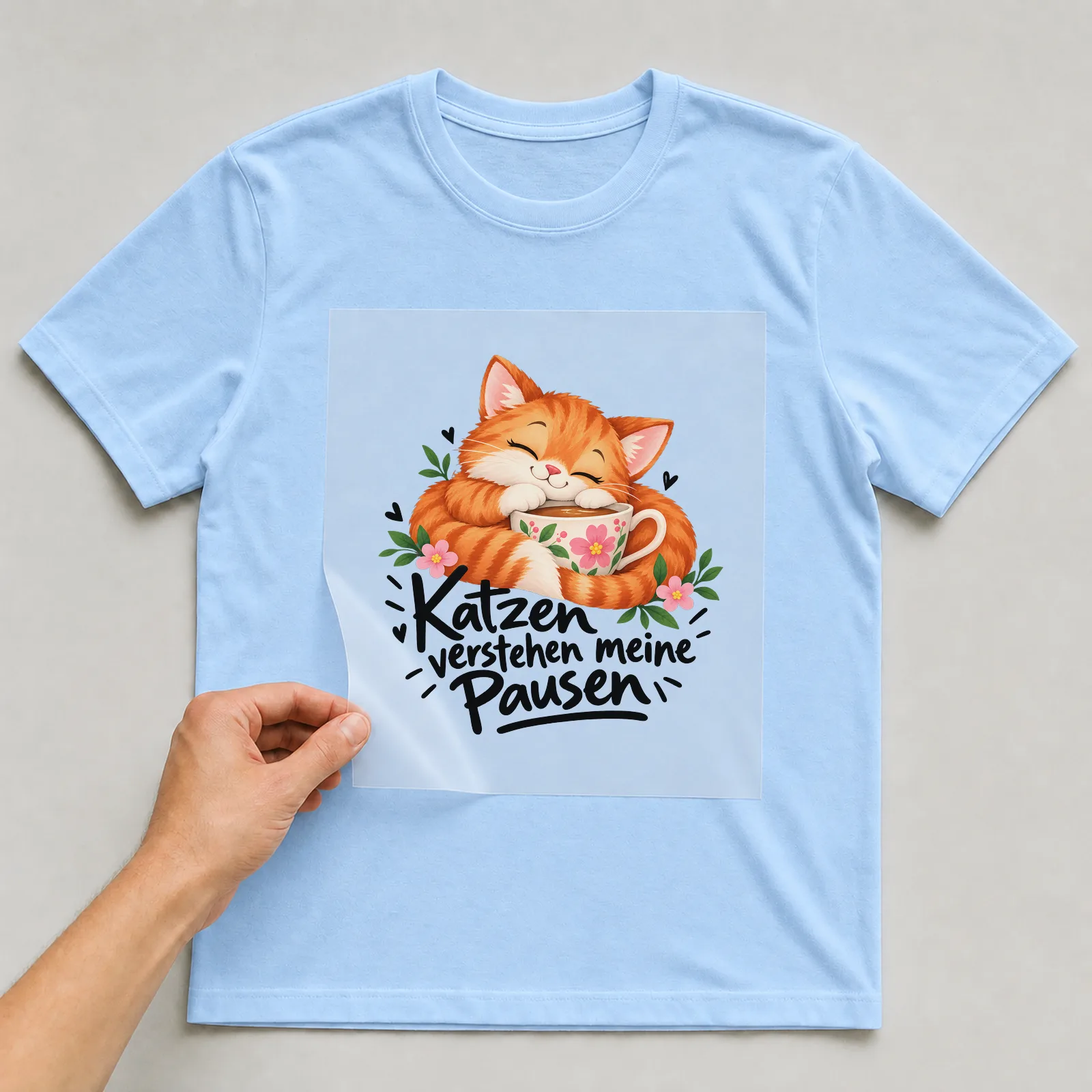 Bügelbild „Katzen verstehen meine Pausen“ auf hellblauem T-Shirt, Folie wird aufgelegt