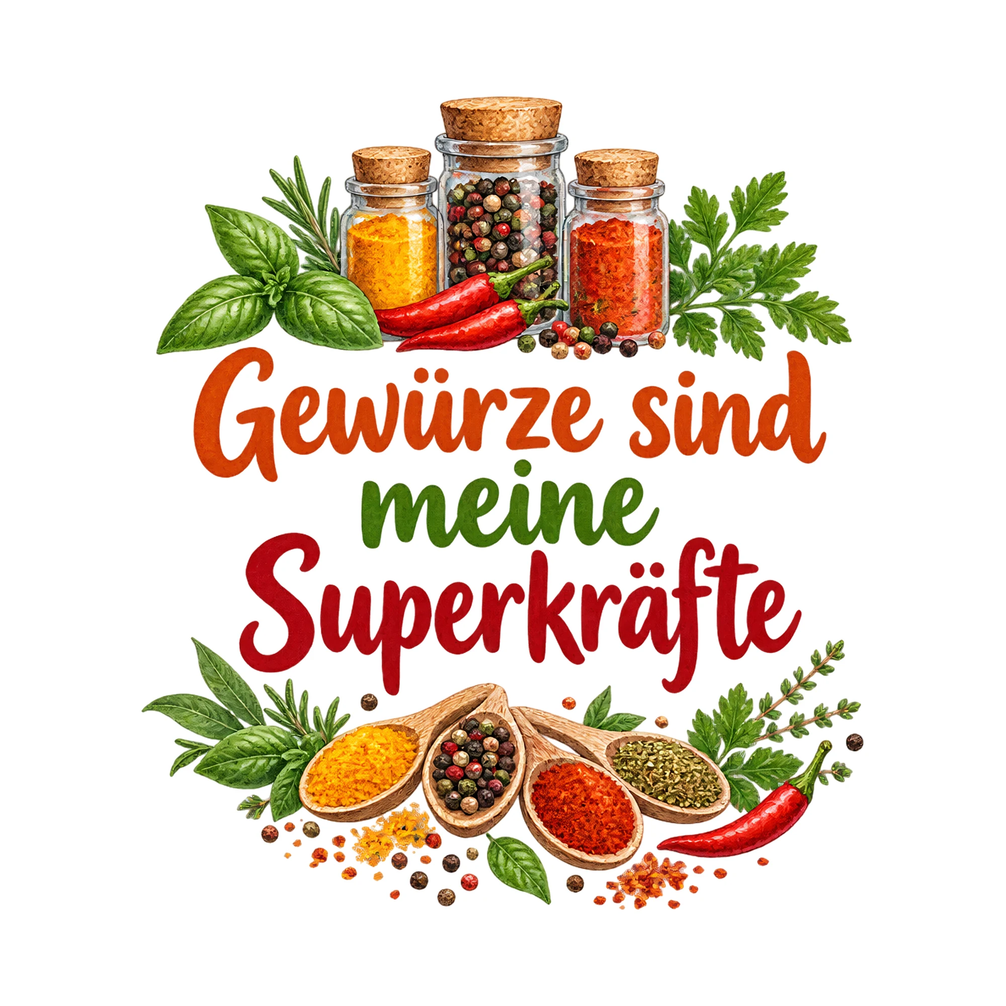 Bügelbild Gewürze sind meine Superkräfte, Küchen Spruch Bügelbild als Grafik auf weißem Hintergrund (BB016504)