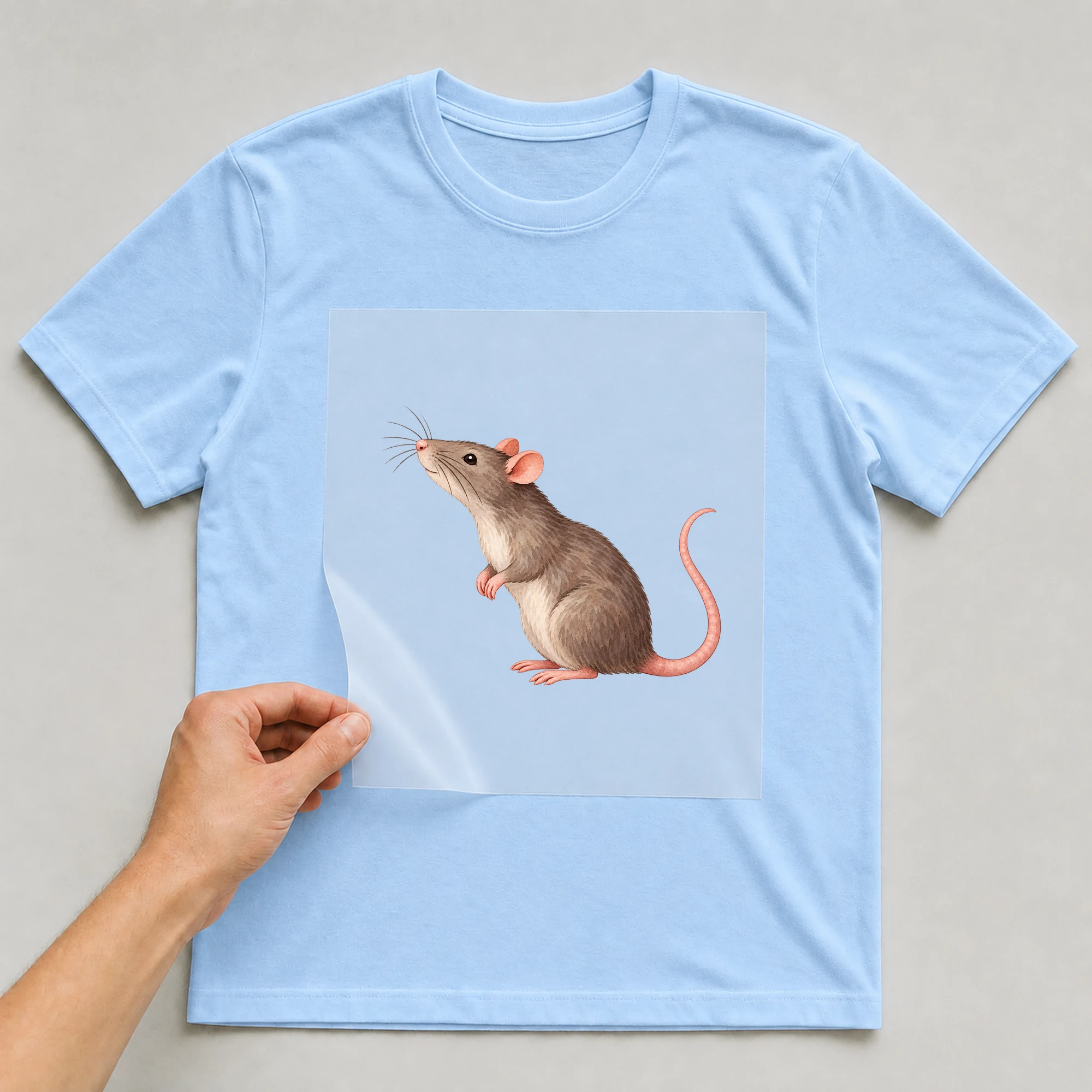 Bügelbild „Chinesisches Zeichen Jahr Der Ratte“ auf babyblauem T-Shirt, Folie wird aufgelegt