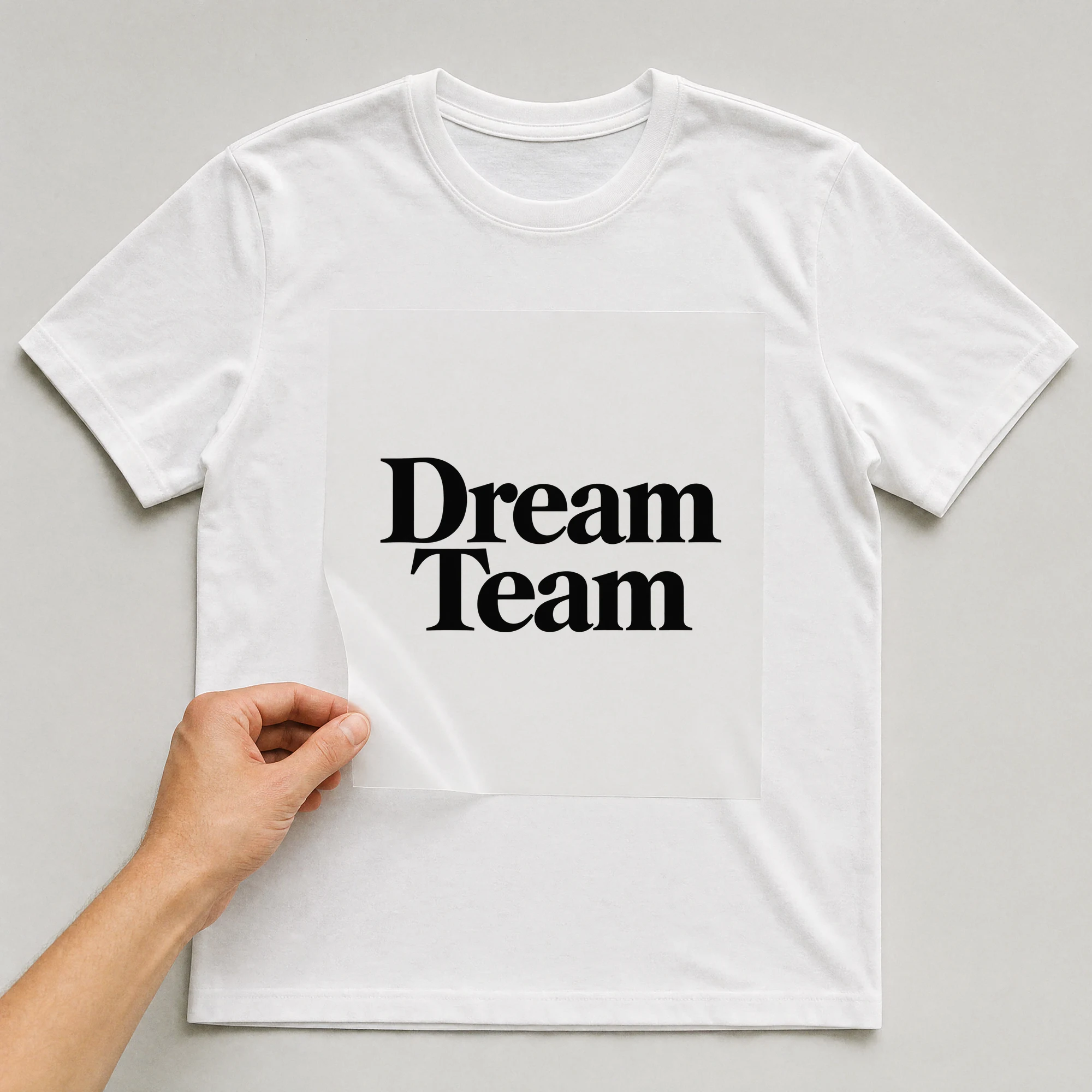 Bügelbild „Dream Team“ auf weißem T-Shirt, Folie wird aufgelegt