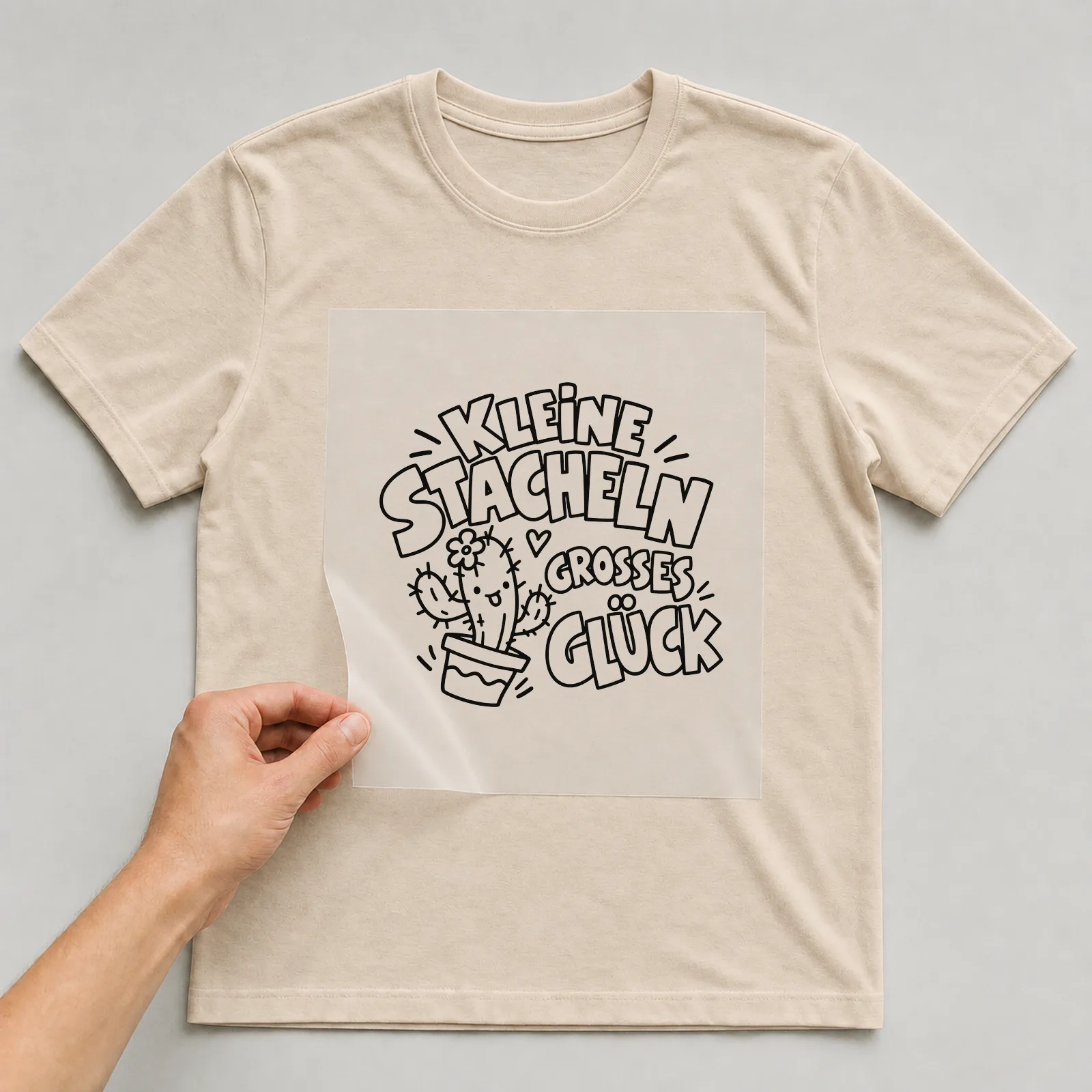 Bügelbild „Kleine Stacheln Großes Glück“ auf beigem T-Shirt, Folie wird aufgelegt