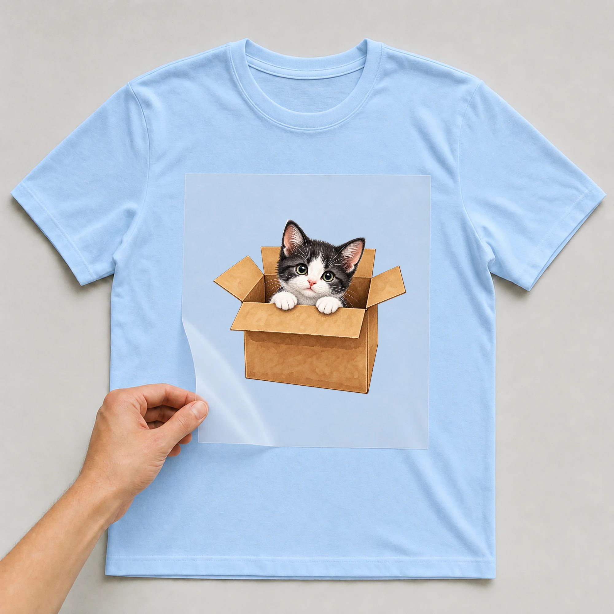 Bügelbild „Cat In A Box“ auf babyblauem T-Shirt, Folie wird aufgelegt