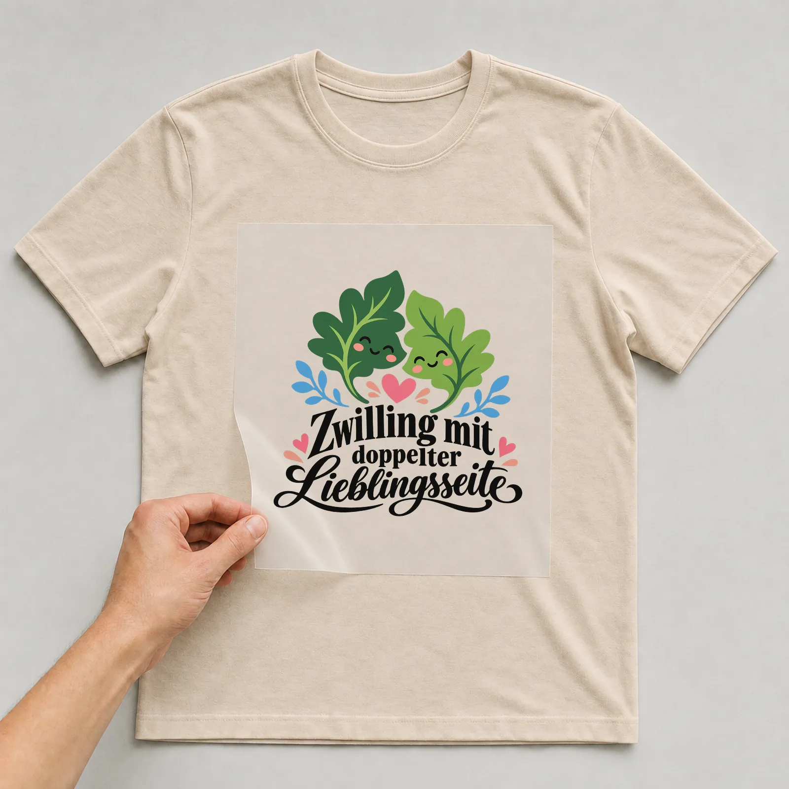 Bügelbild „Zwilling mit doppelter Lieblingsseite“ auf beigem T-Shirt, Folie wird aufgelegt