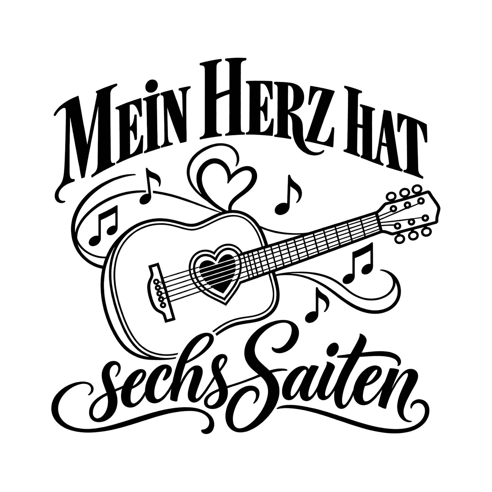 Bügelbild Mein Herz hat sechs Saiten als Grafik auf weißem Hintergrund (BB012998)