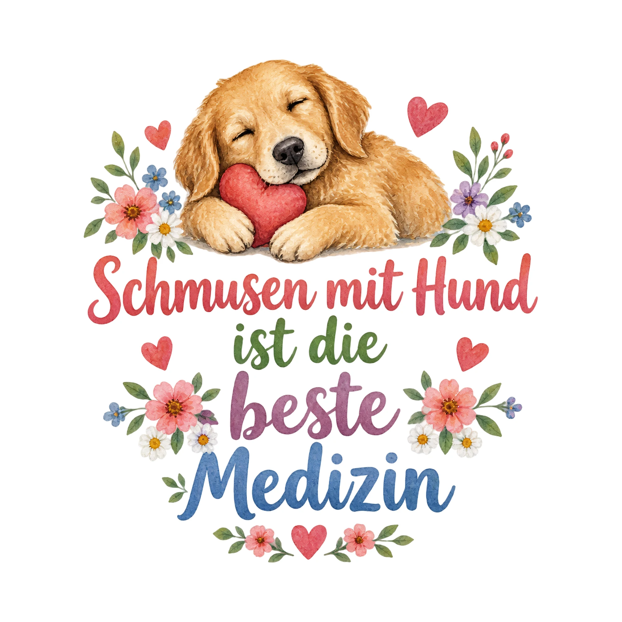 Bügelbild Schmusen mit Hund ist die beste Medizin als Grafik auf weißem Hintergrund (BB018547)