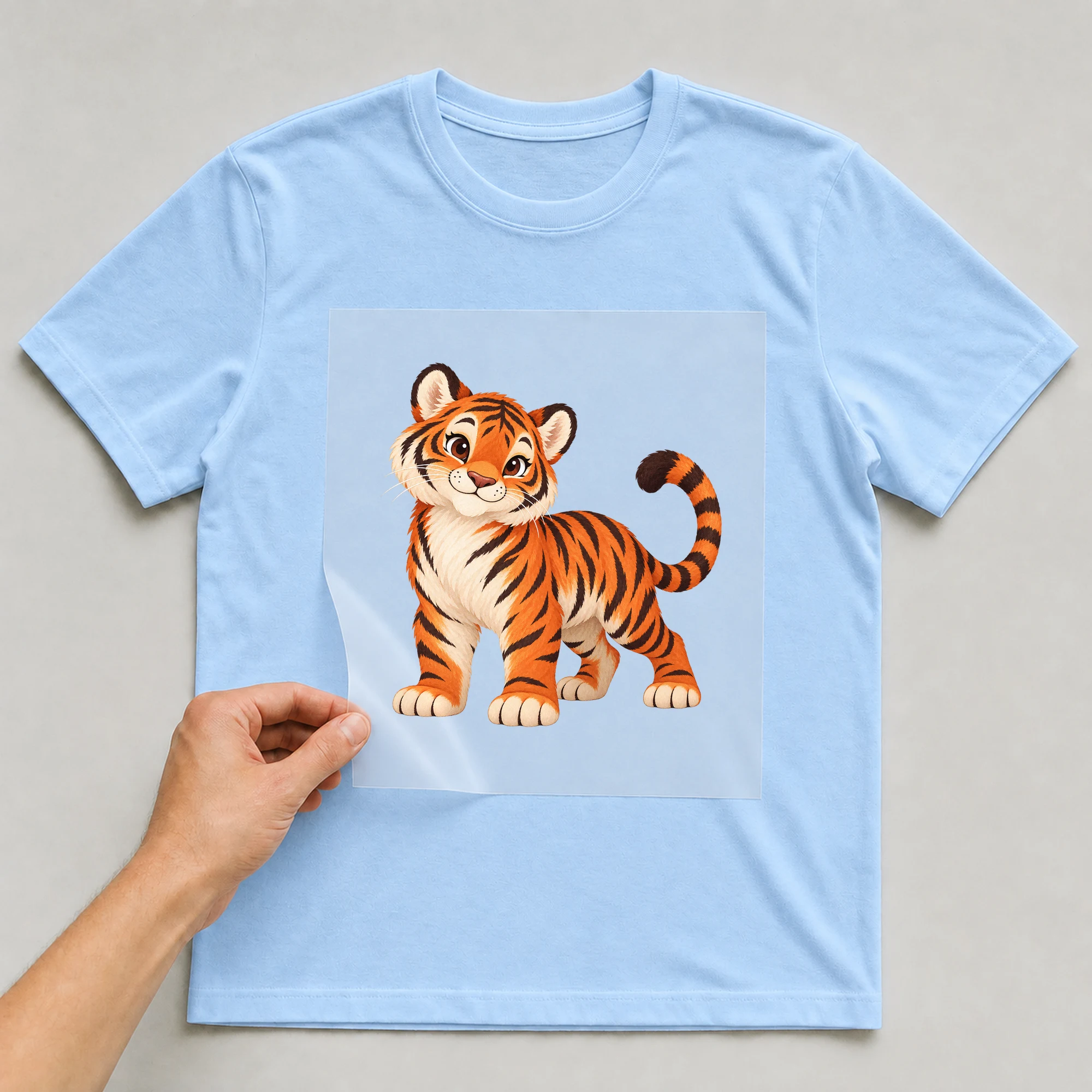 Bügelbild „Chinesisches Zeichen Jahr Des Tigers“ auf babyblauem T-Shirt, Folie wird aufgelegt