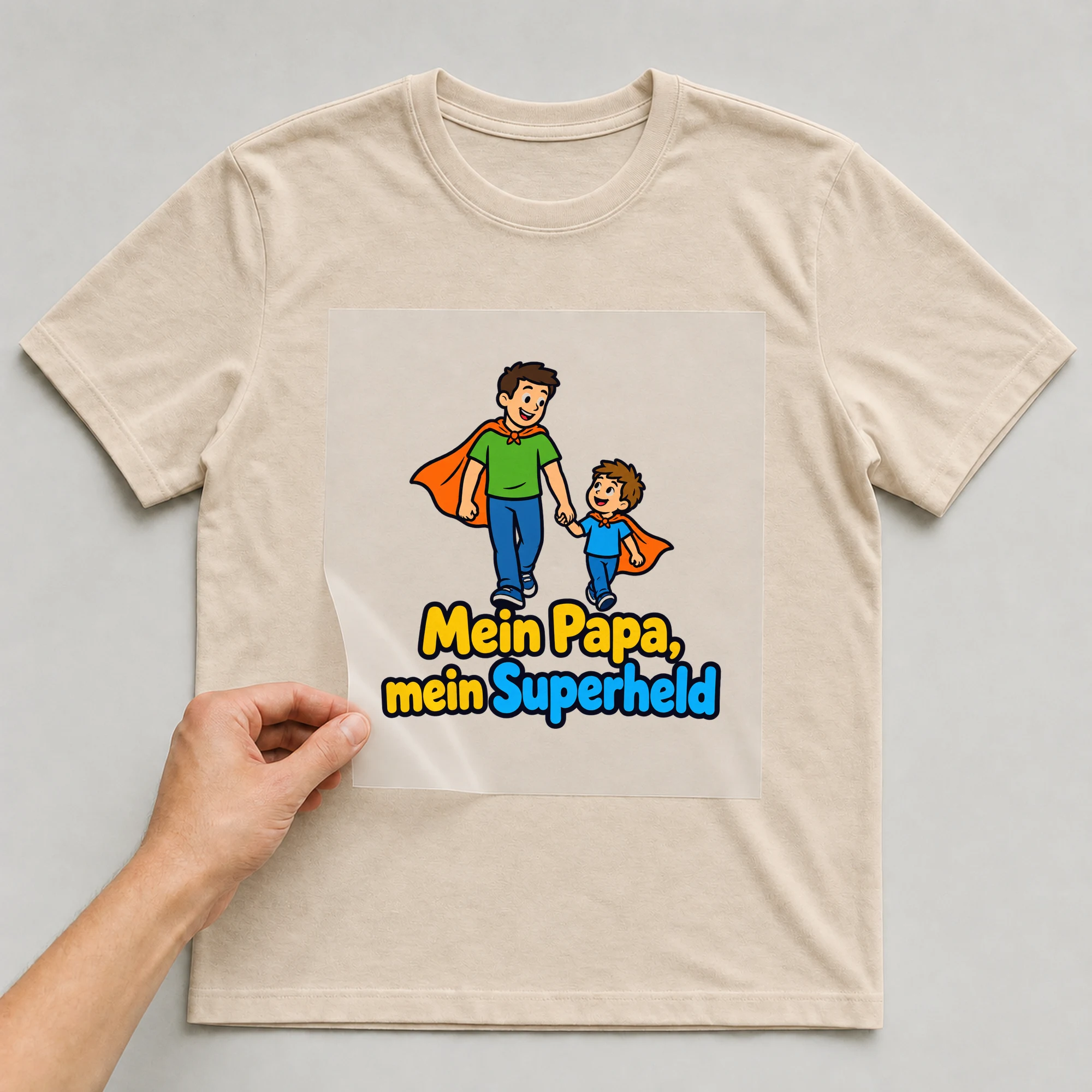 Bügelbild „Mein Papa, mein Superheld“ auf beigem T-Shirt, Folie wird aufgelegt