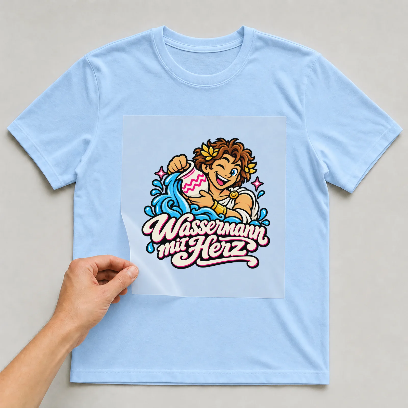 Bügelbild „Wassermann mit Herz“ auf hellblauem T-Shirt, Folie wird aufgelegt