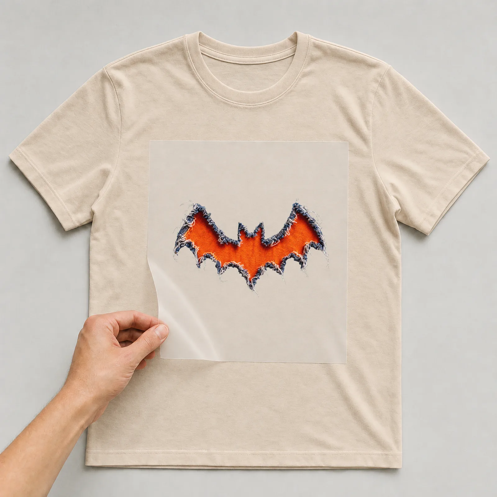 Bügelbild Fledermaus Zerrissen (Halloween) auf beigem T-Shirt, Folie wird aufgelegt