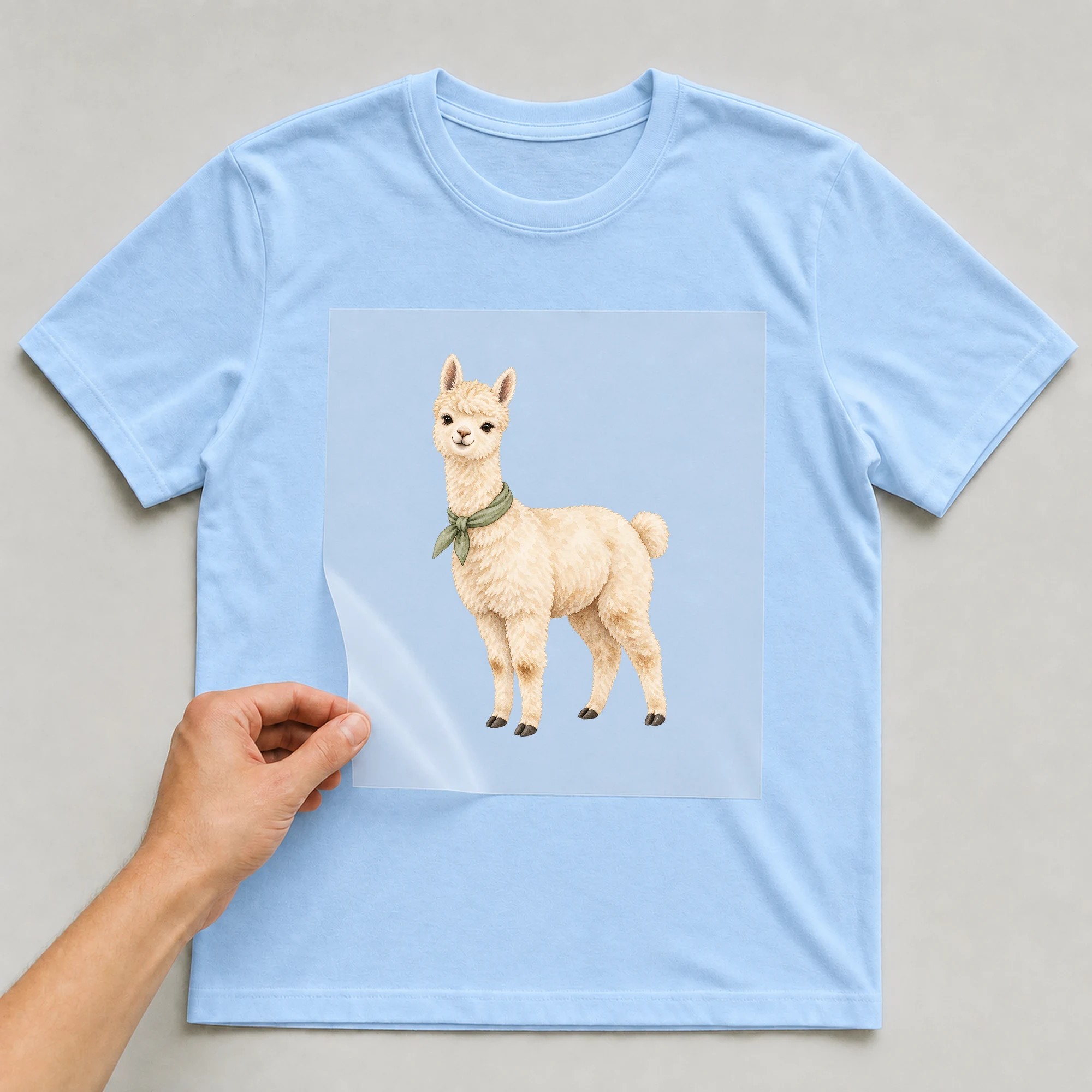 Bügelbild „Alpaka“ auf babyblauem T-Shirt, Folie wird aufgelegt
