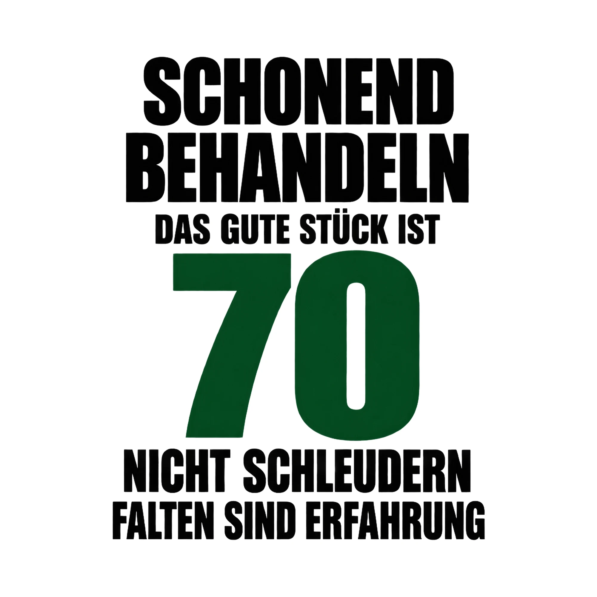 Bügelbild Schonend behandeln: Das gute Stück ist 70. als Grafik auf weißem Hintergrund (BB017079)