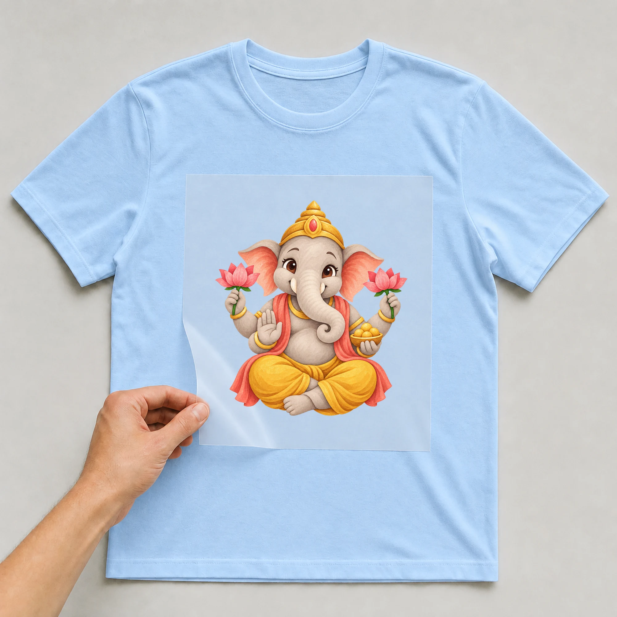 Bügelbild „Little Ganesh“ auf babyblauem T-Shirt, Folie wird aufgelegt