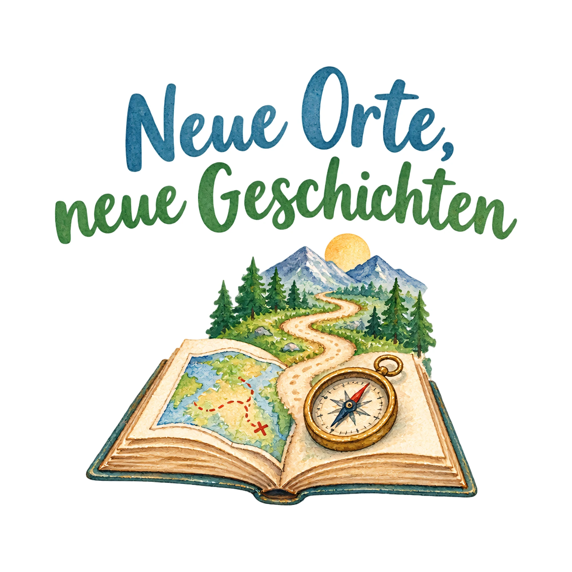 Bügelbild Neue Orte, neue Geschichten als Grafik auf weißem Hintergrund (BB019682)