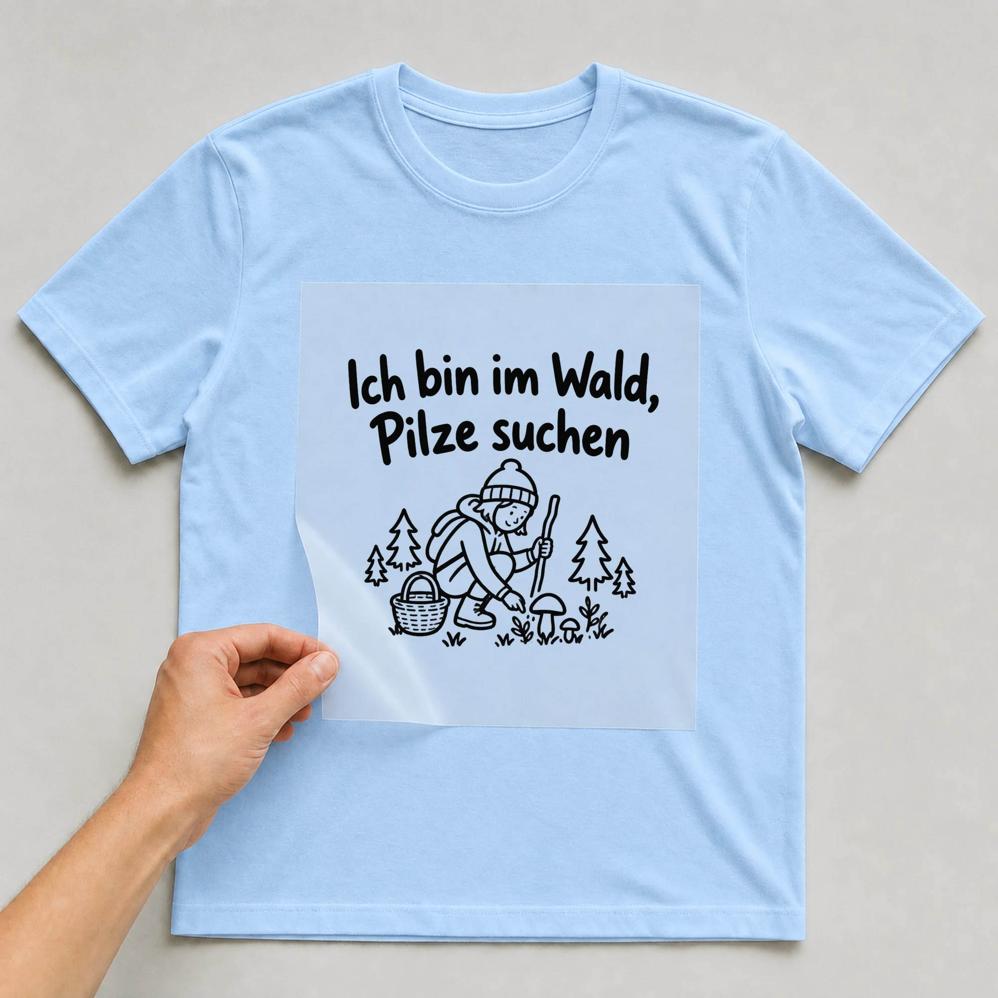 Bügelbild „Ich bin im Wald, Pilze suchen“ auf babyblauem T-Shirt, Folie wird aufgelegt