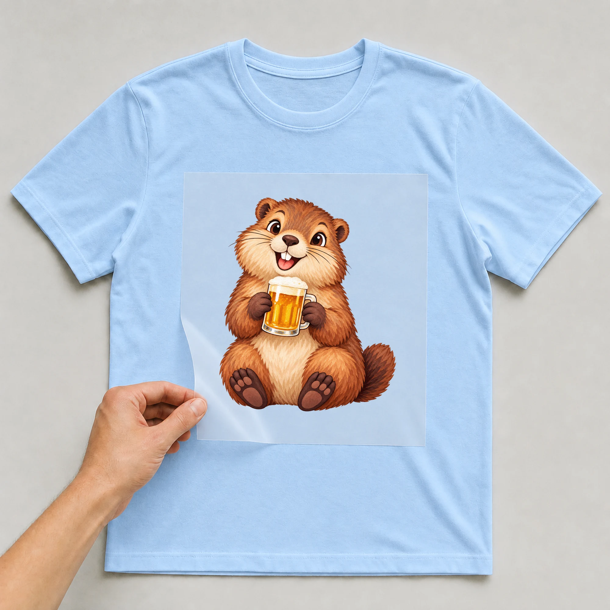 Bügelbild „Murmelbier“ auf babyblauem T-Shirt, Folie wird aufgelegt