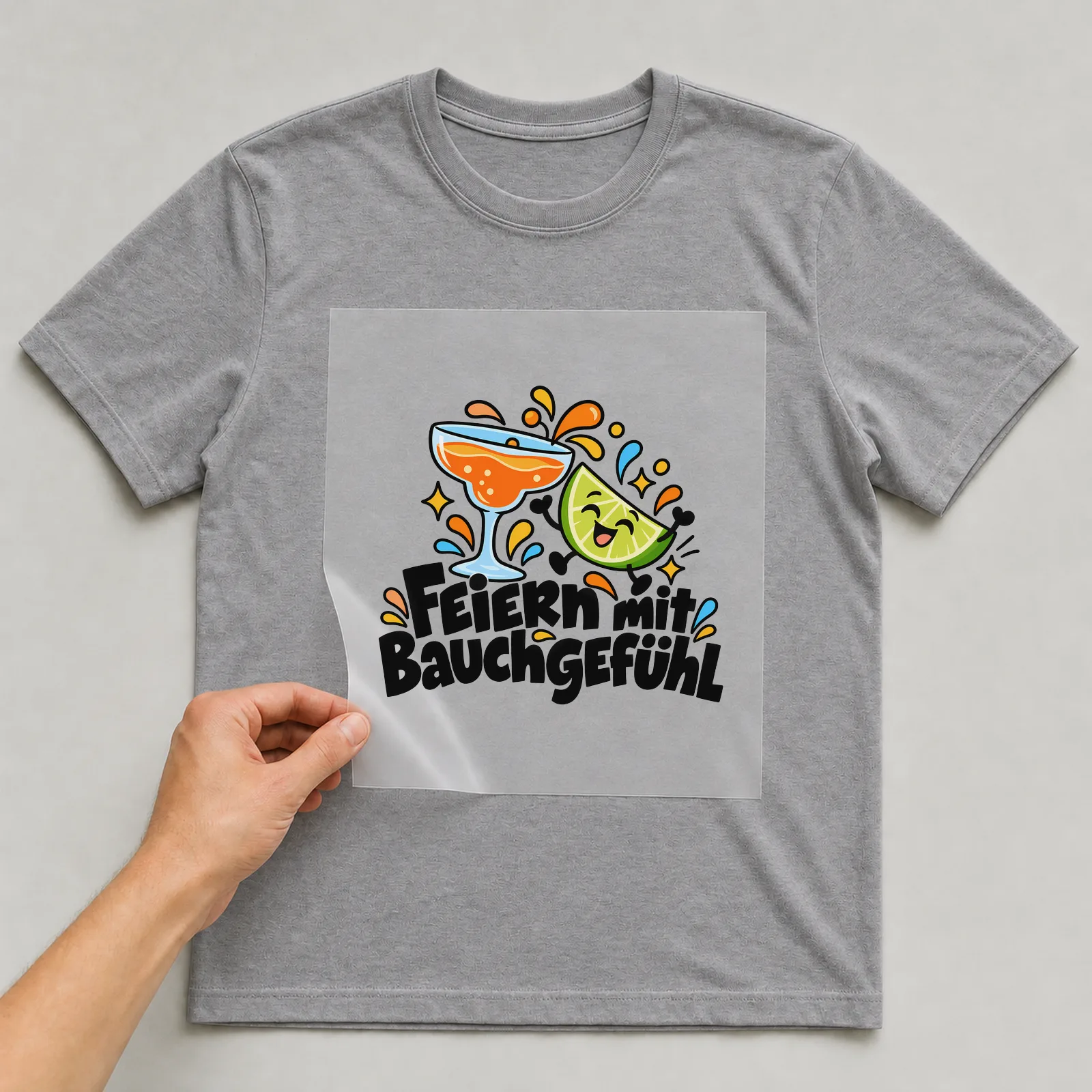 Bügelbild „FEIERN mit BAUCHGEFÜHL“ auf grauem T-Shirt, Folie wird aufgelegt