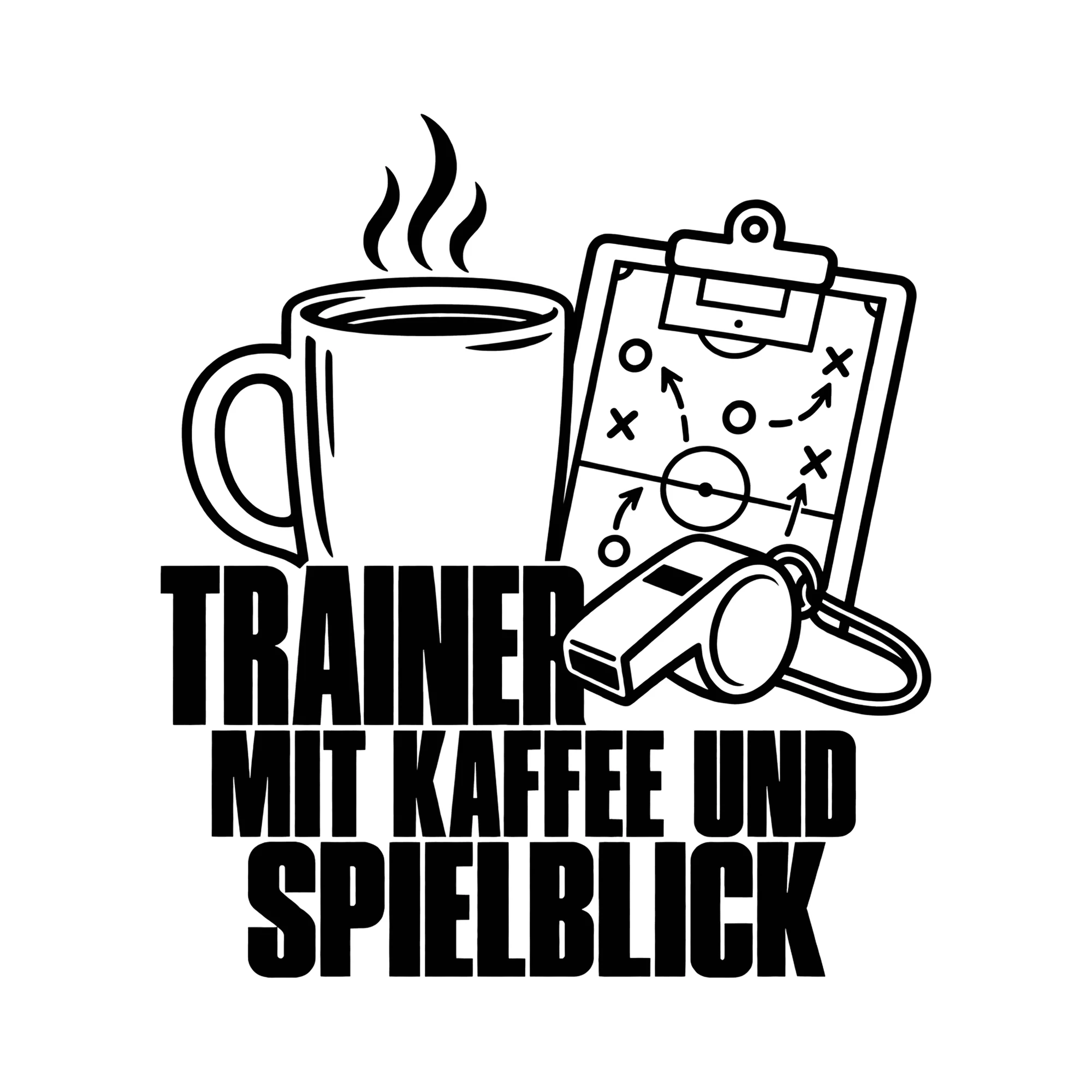 Bügelbild TRAINER MIT KAFFEE UND SPIELBLICK als Grafik auf weißem Hintergrund (BB012230)