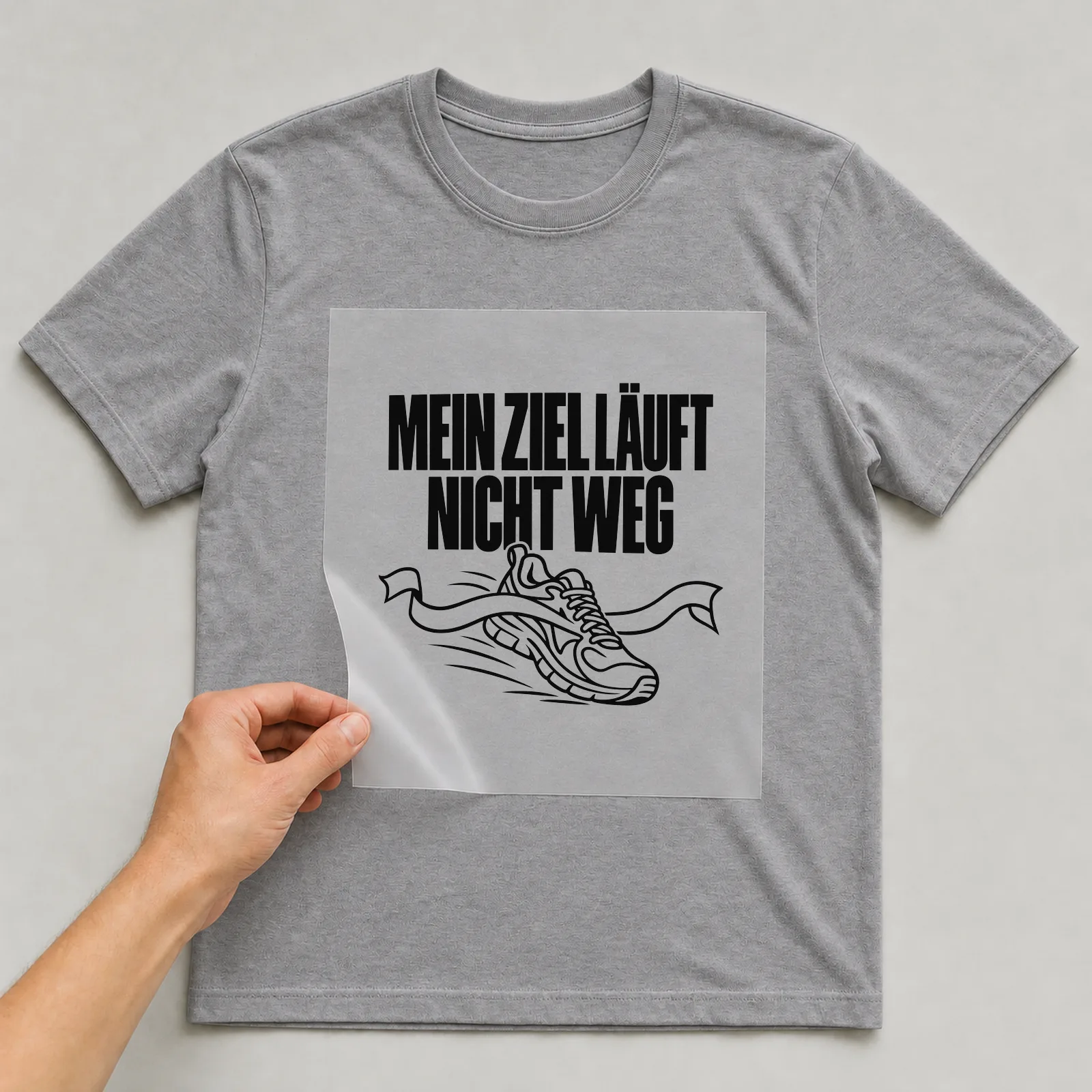 Bügelbild „Mein Ziel läuft nicht weg“ auf grauem T-Shirt, Folie wird aufgelegt