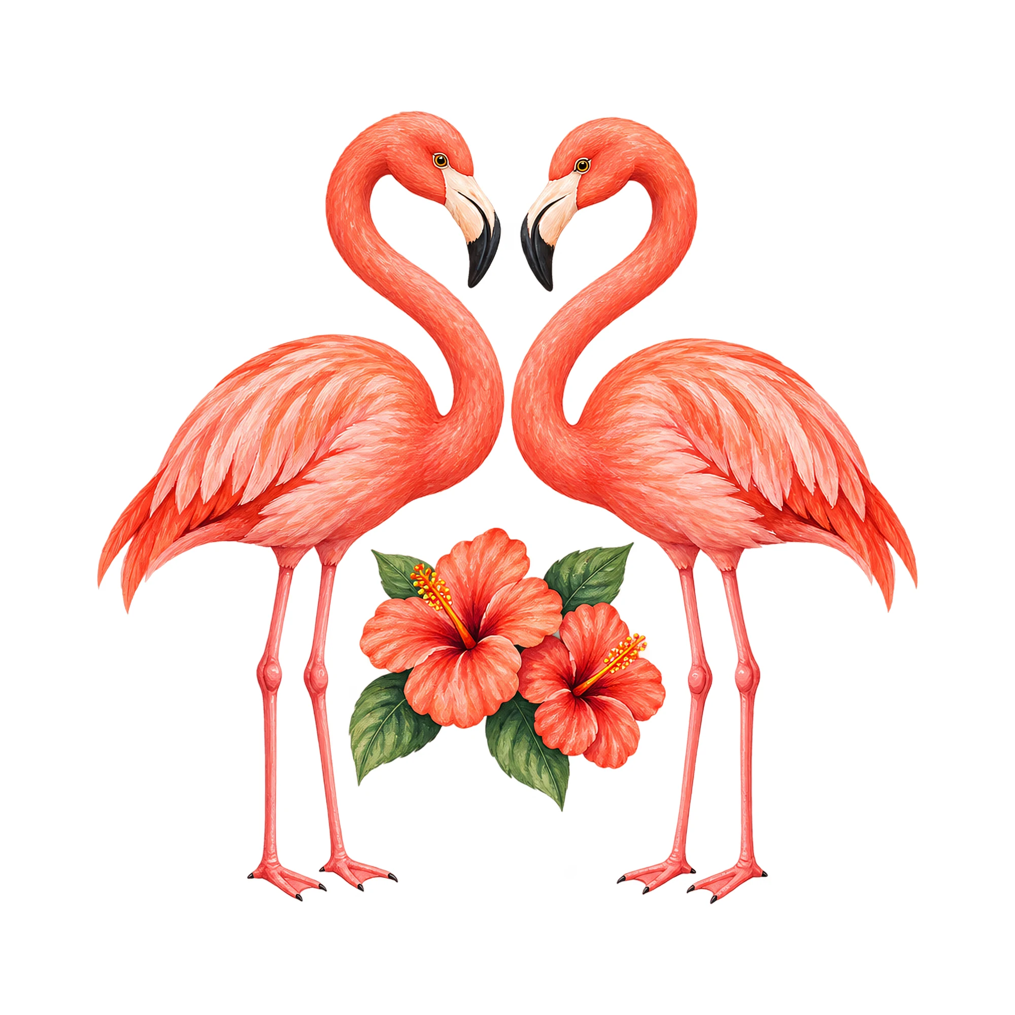 Bügelbild Zwei Flamingos mit Hibiskus, Tiere Shirt Spruch als Grafik auf weißem Hintergrund (BB018345)
