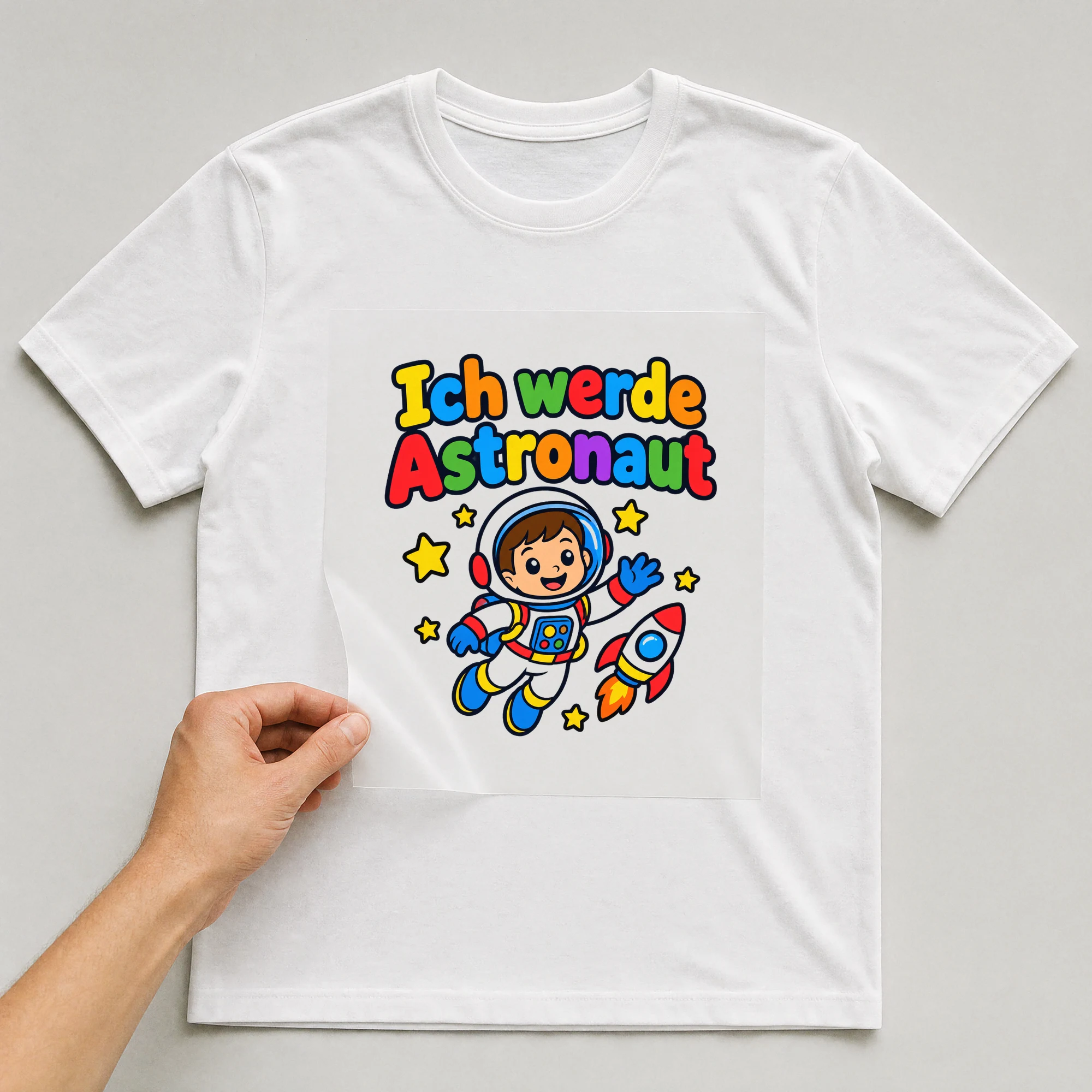 Bügelbild „Ich werde Astronaut“ auf weißem T-Shirt, Folie wird aufgelegt