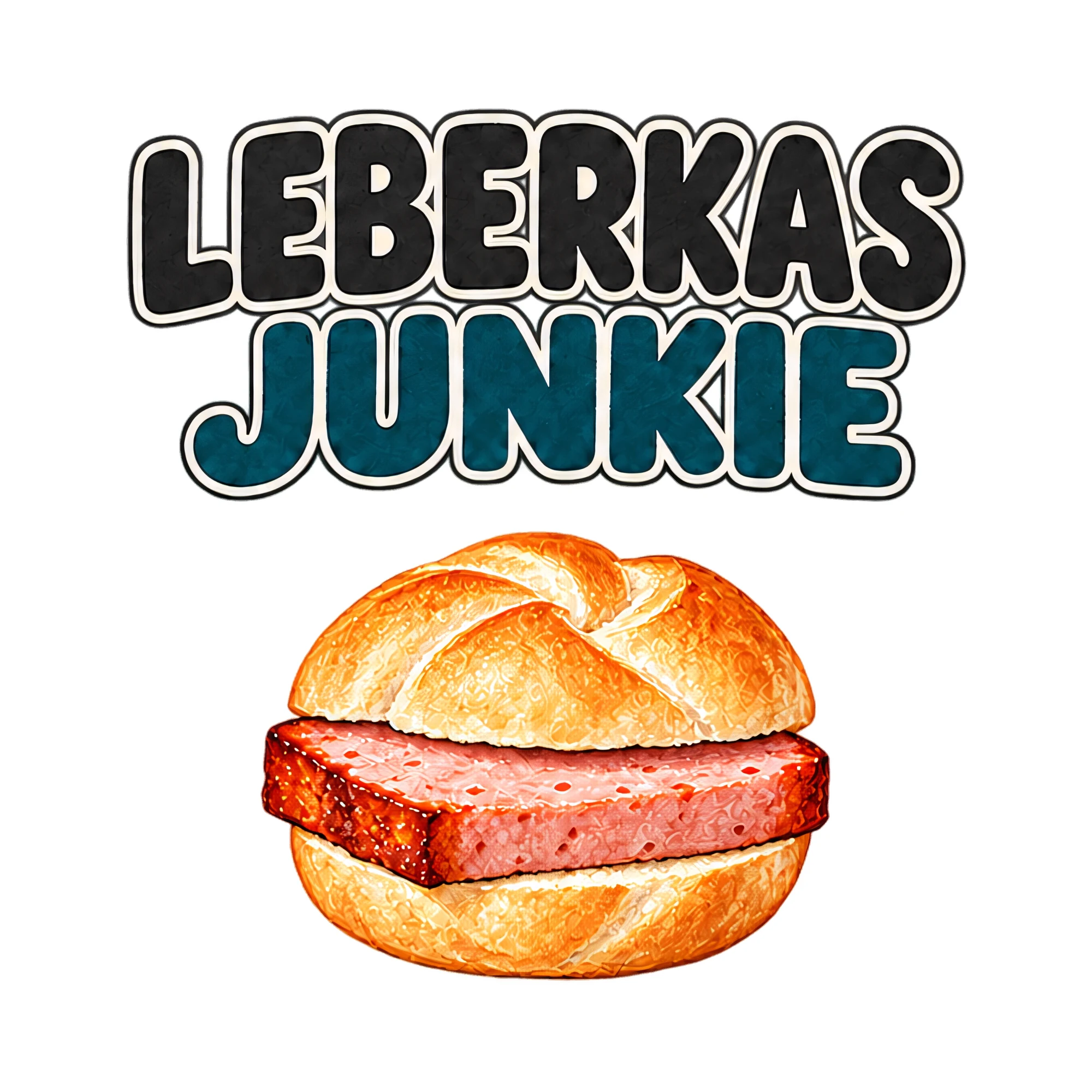 Bügelbild LEBERKAS JUNKIE als Grafik auf weißem Hintergrund (BB021312)