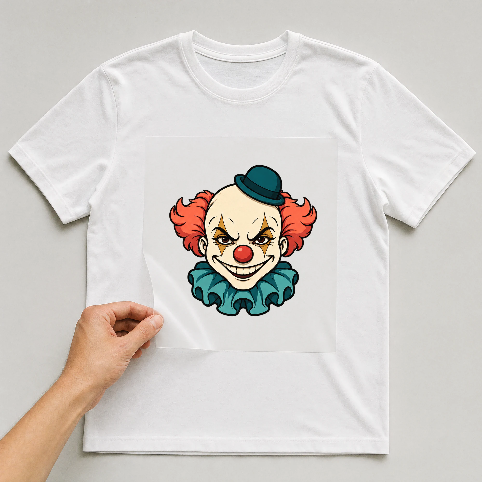 Bügelbild „Clown mit Hut“ auf weißem T-Shirt, Folie wird aufgelegt
